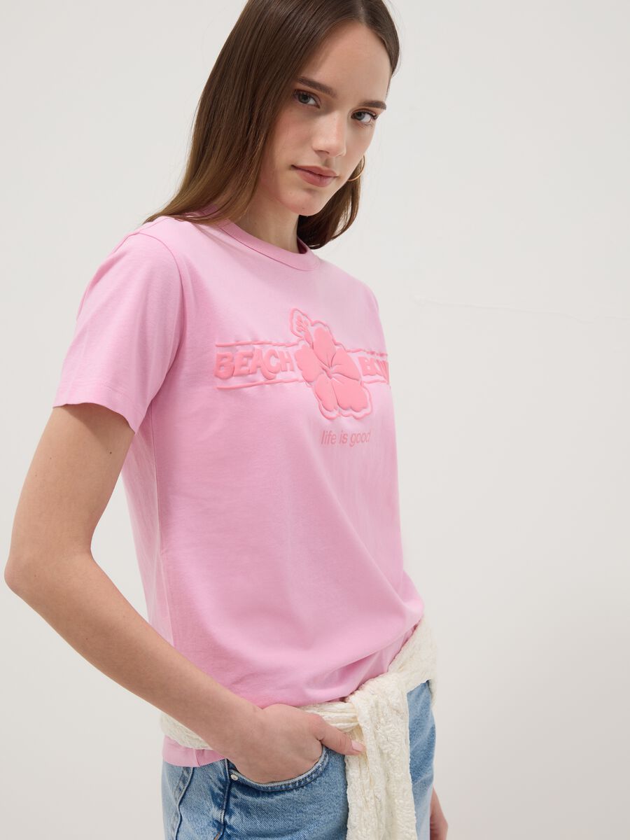 Pink pure cotton T-shirt regular fit with flower_2