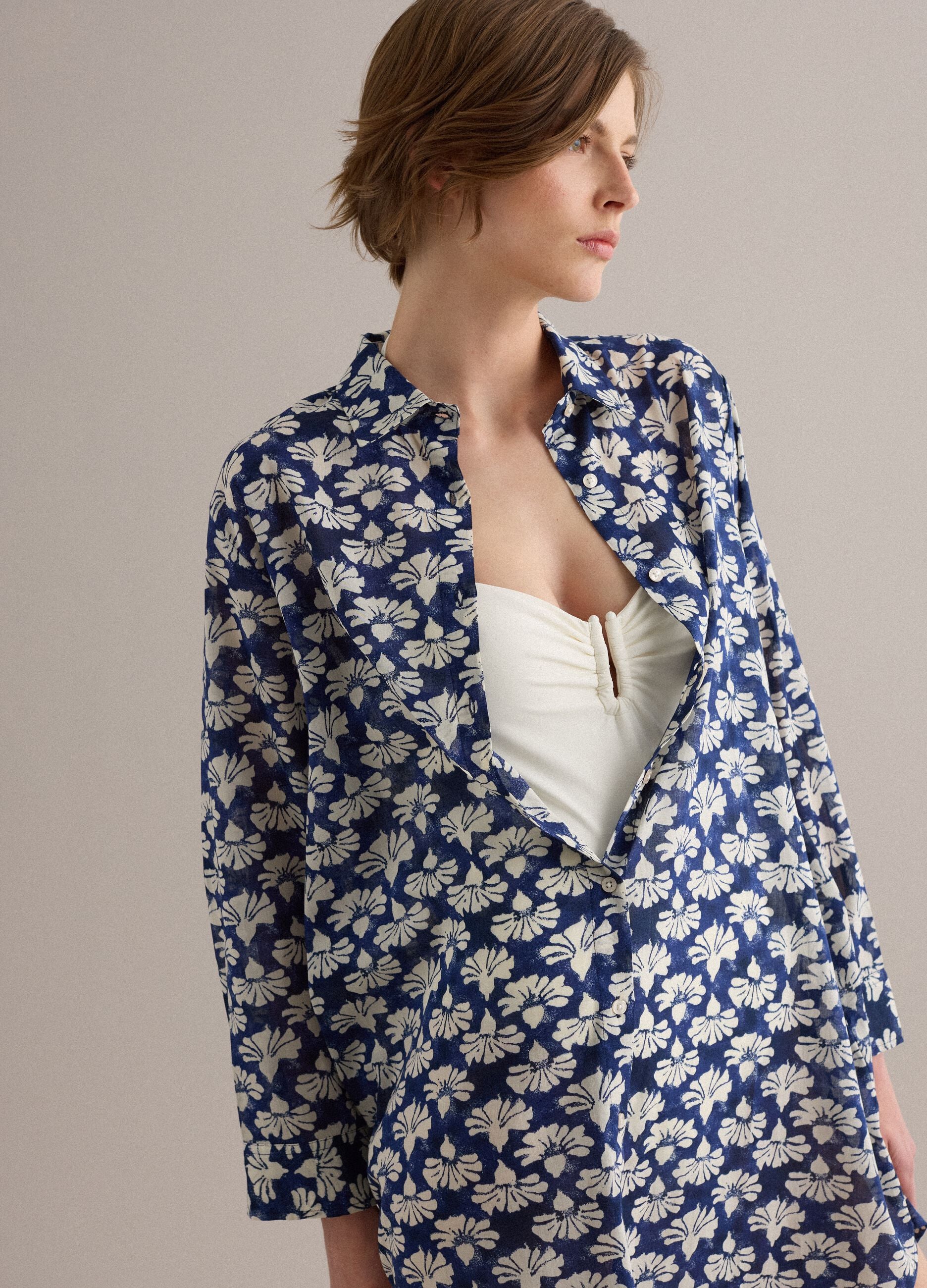 Blue long pure cotton shirt with floral print