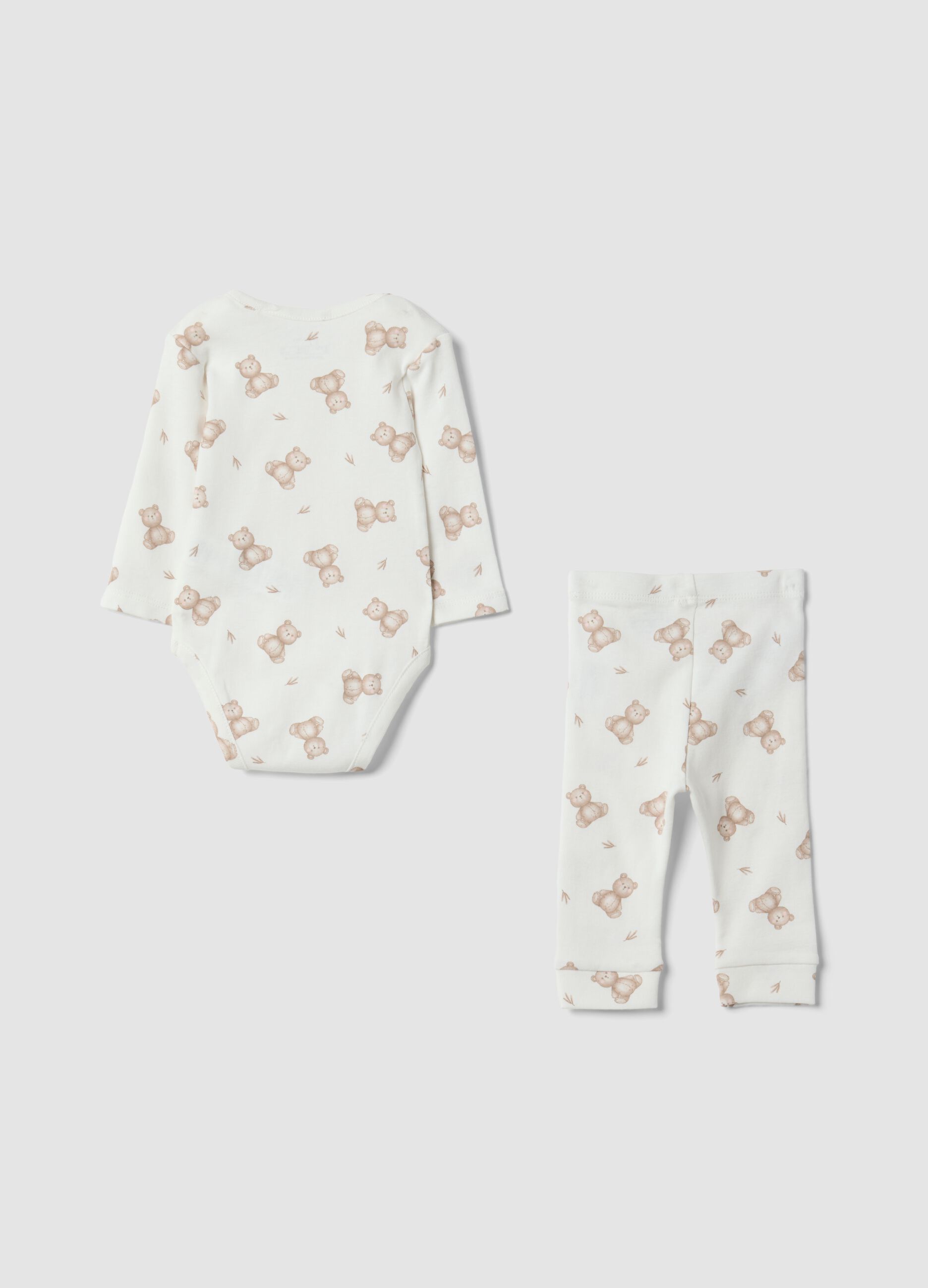White organic cotton set with printed bodysuit and leggings for babies
