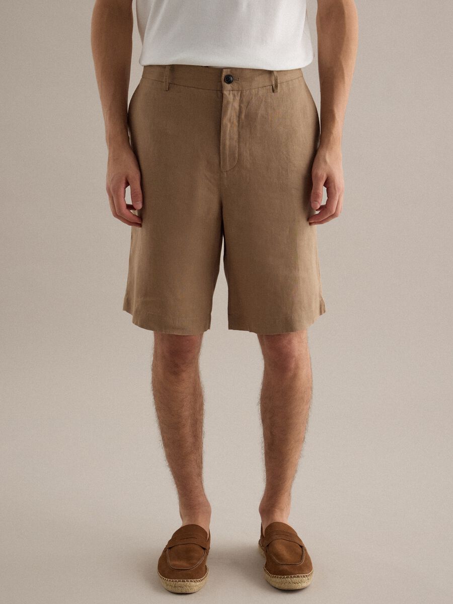 Regular Fit Brown Pure Linen Bermuda Shorts_1