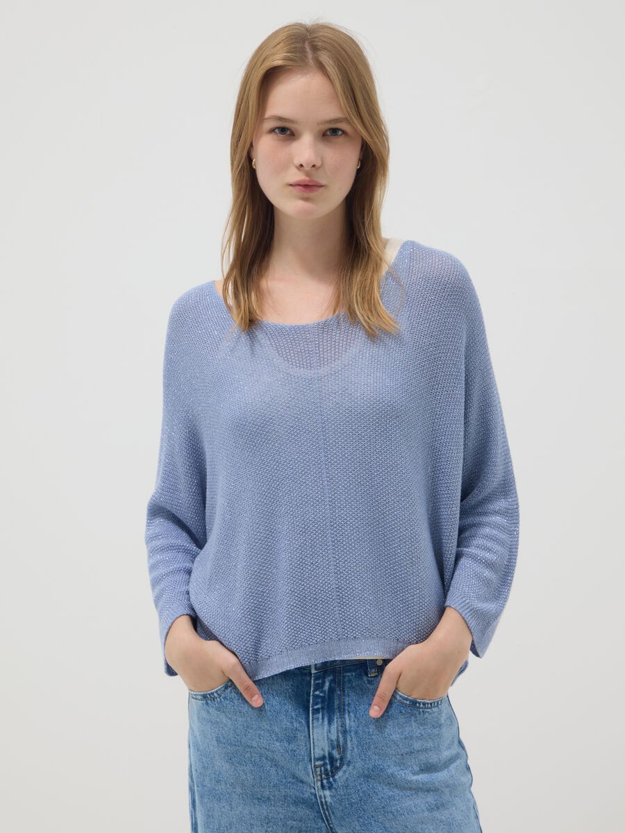 Light blue viscose and linen blend V-neck jumper_0