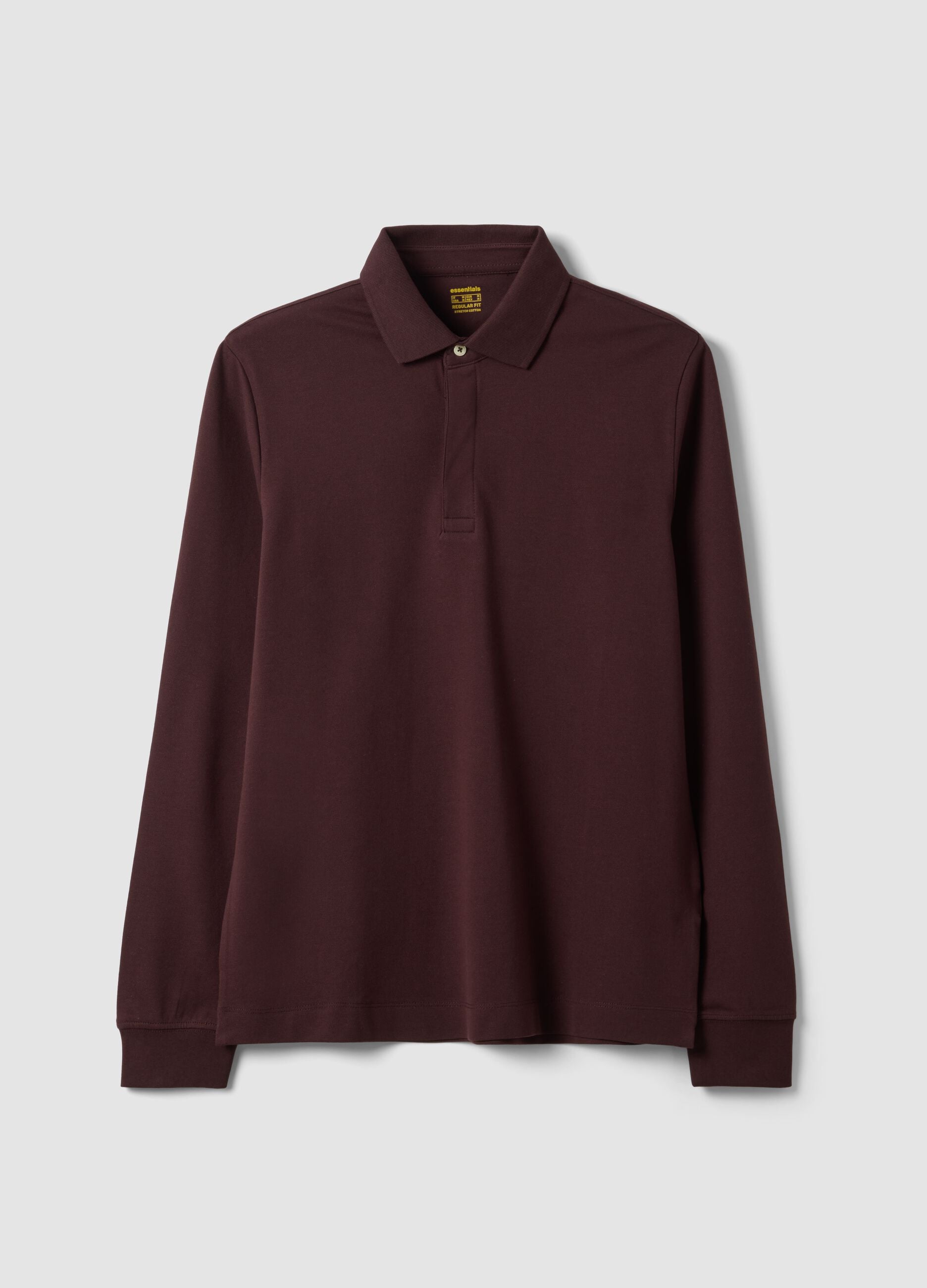 Men&rsquo;s brown long-sleeve stretch cotton polo shirt, regular fit