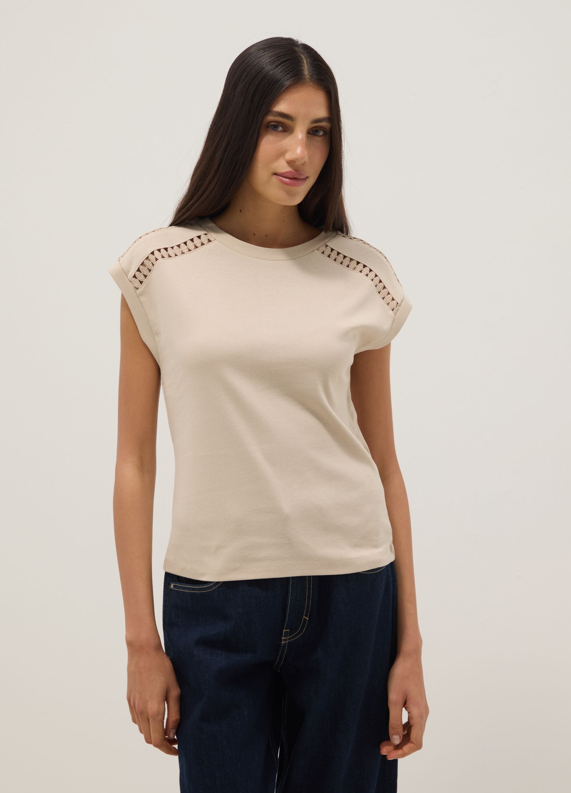 Beige pure cotton T-shirt with openwork inserts