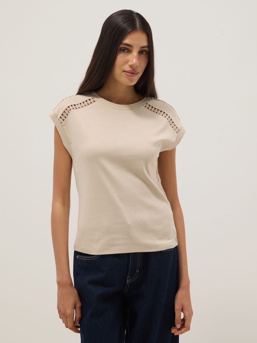 Beige pure cotton T-shirt with openwork inserts_1