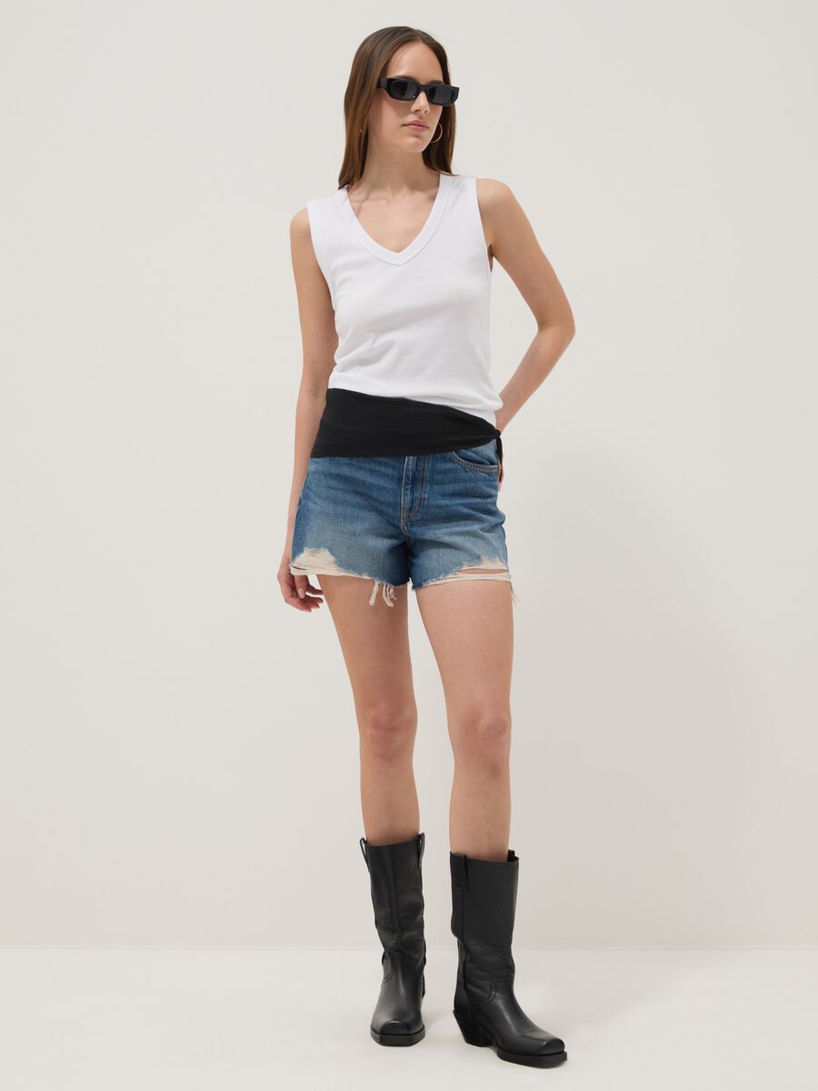 Blue pure cotton denim shorts with rips_0