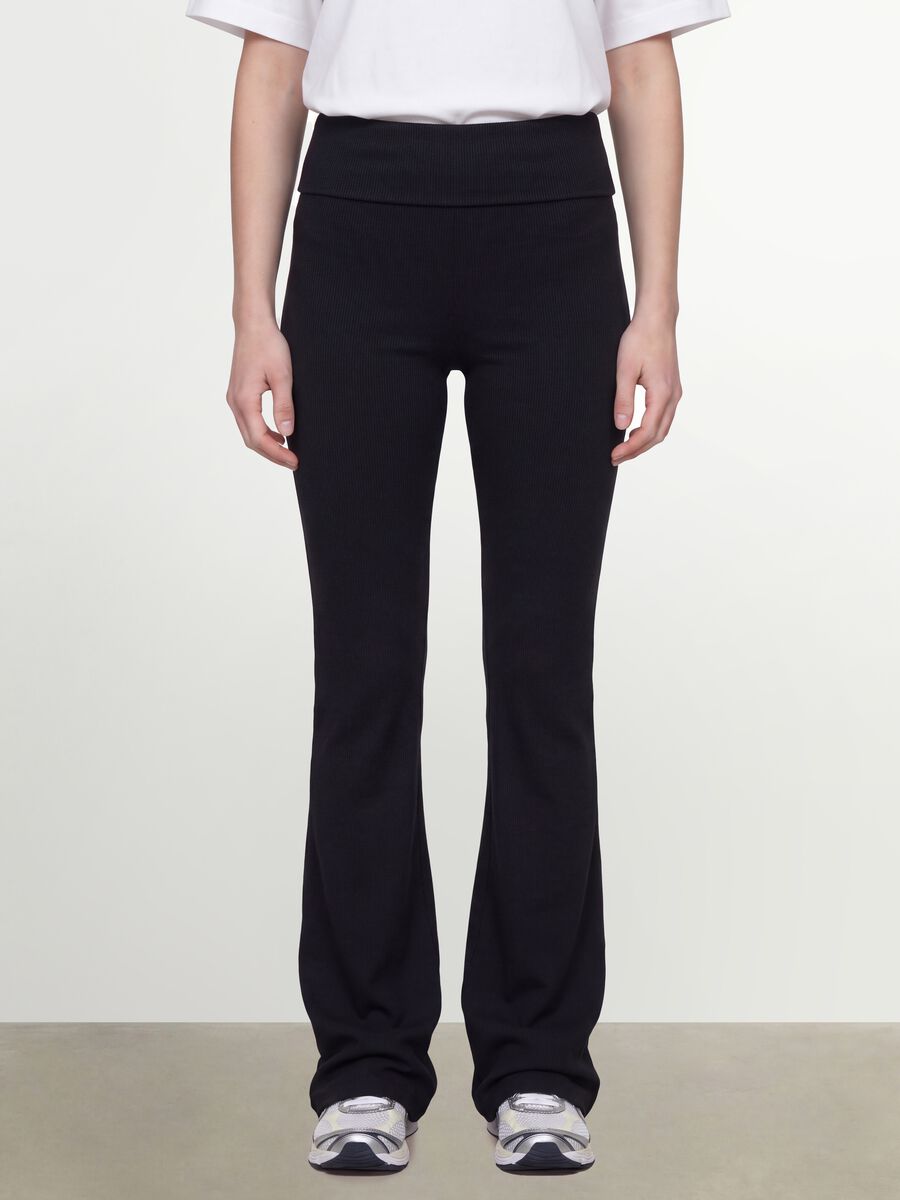 Black flared ribbed pure cotton leggings_1
