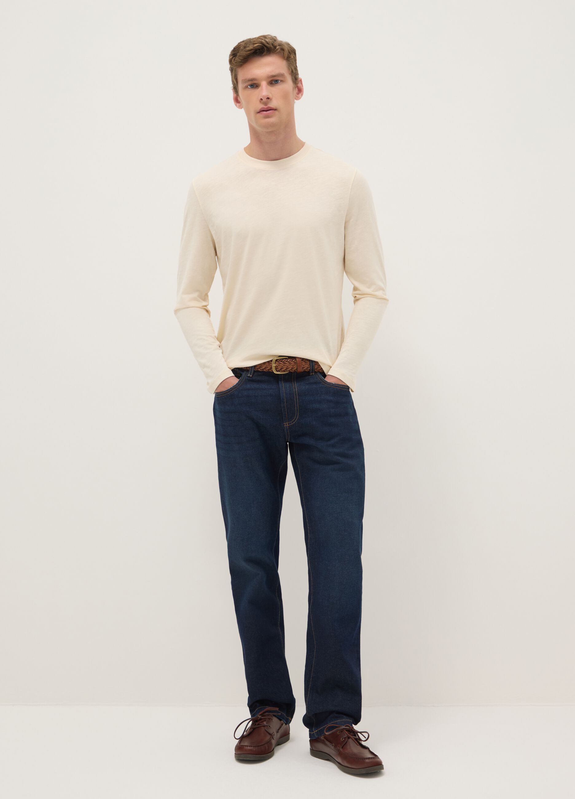 Beige long-sleeved T-shirt in pure cotton regular fit