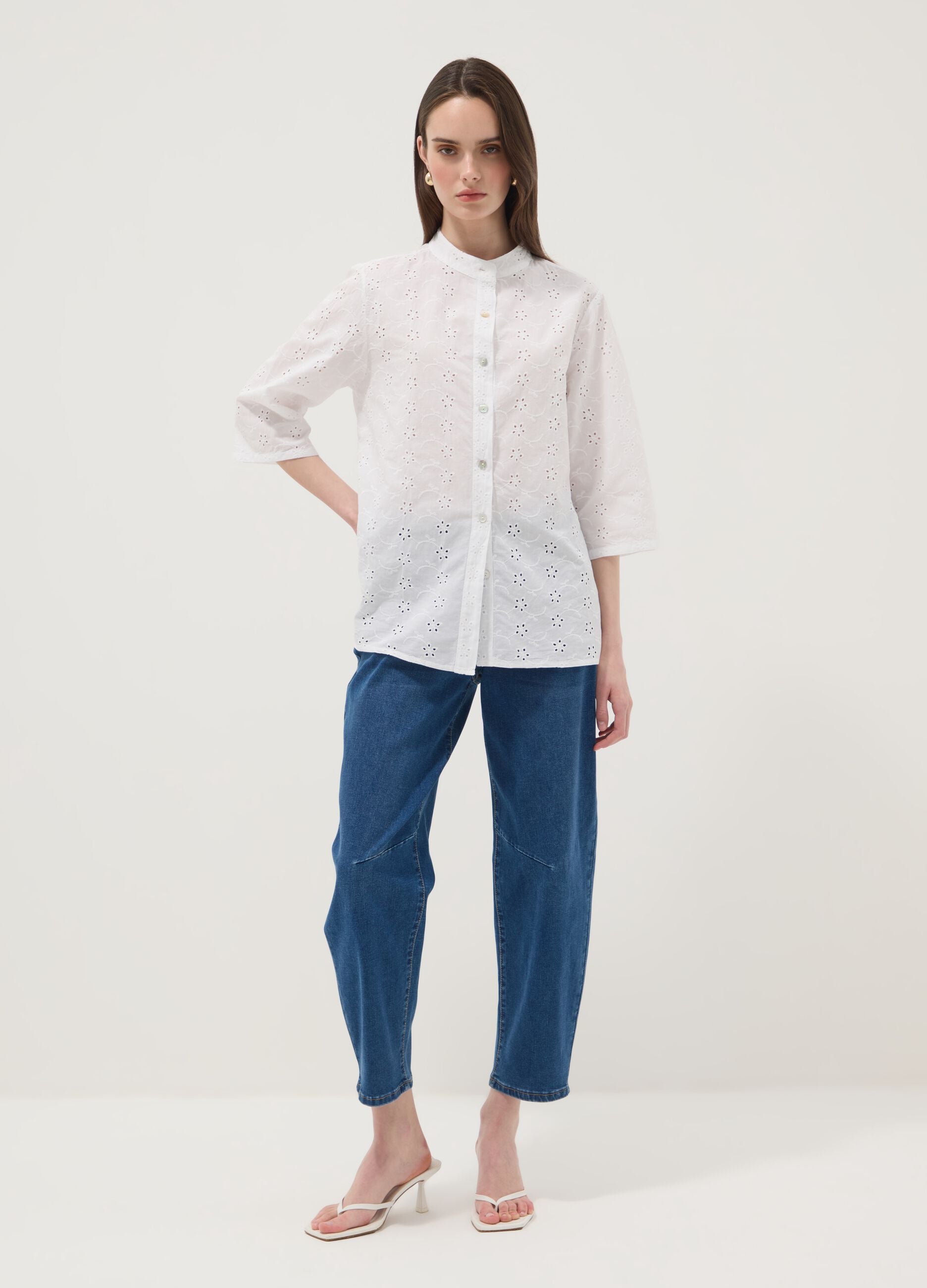 White pure cotton broderie anglaise shirt with band collar, regular fit