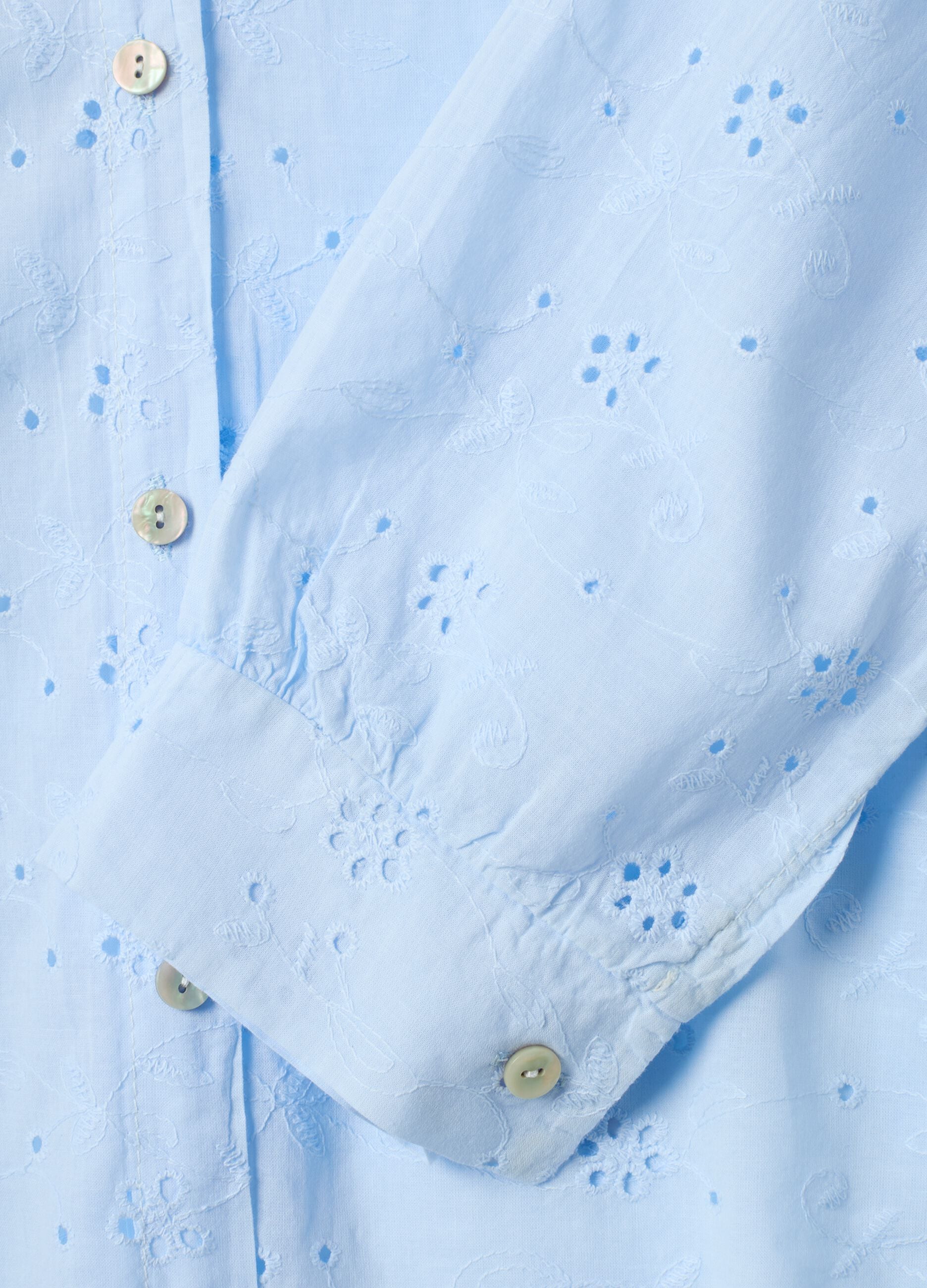 Light Blue Broderie Cotton Shirt with Mandarin Collar, Regular Fit