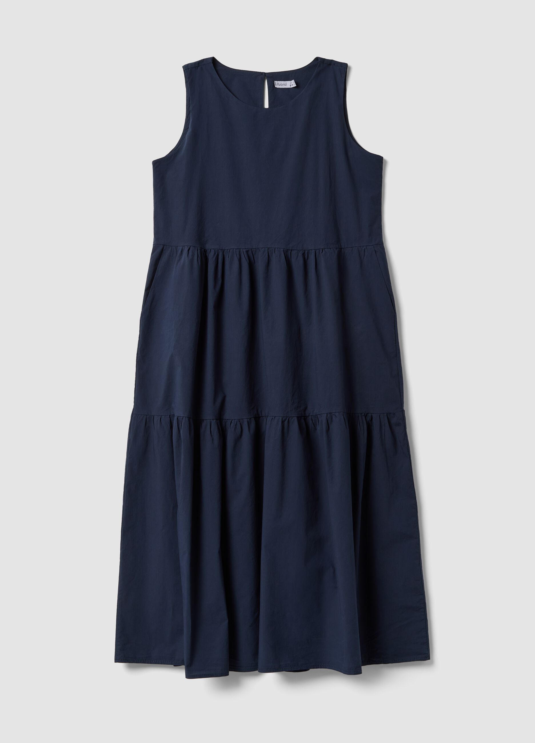 Blue sleeveless pure cotton dress with tiered skirt, regular fit