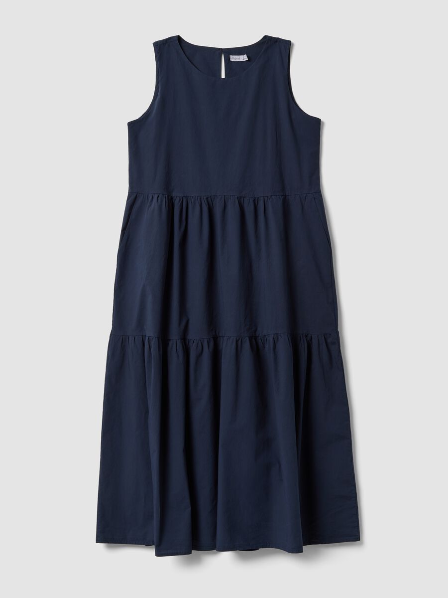 Blue sleeveless pure cotton dress with tiered skirt, regular fit_4