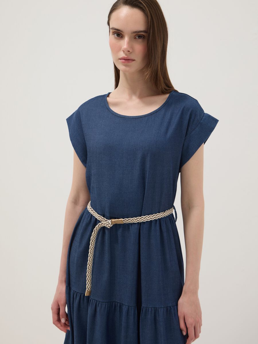 Blue midi dress in pure lyocell with braided belt_2