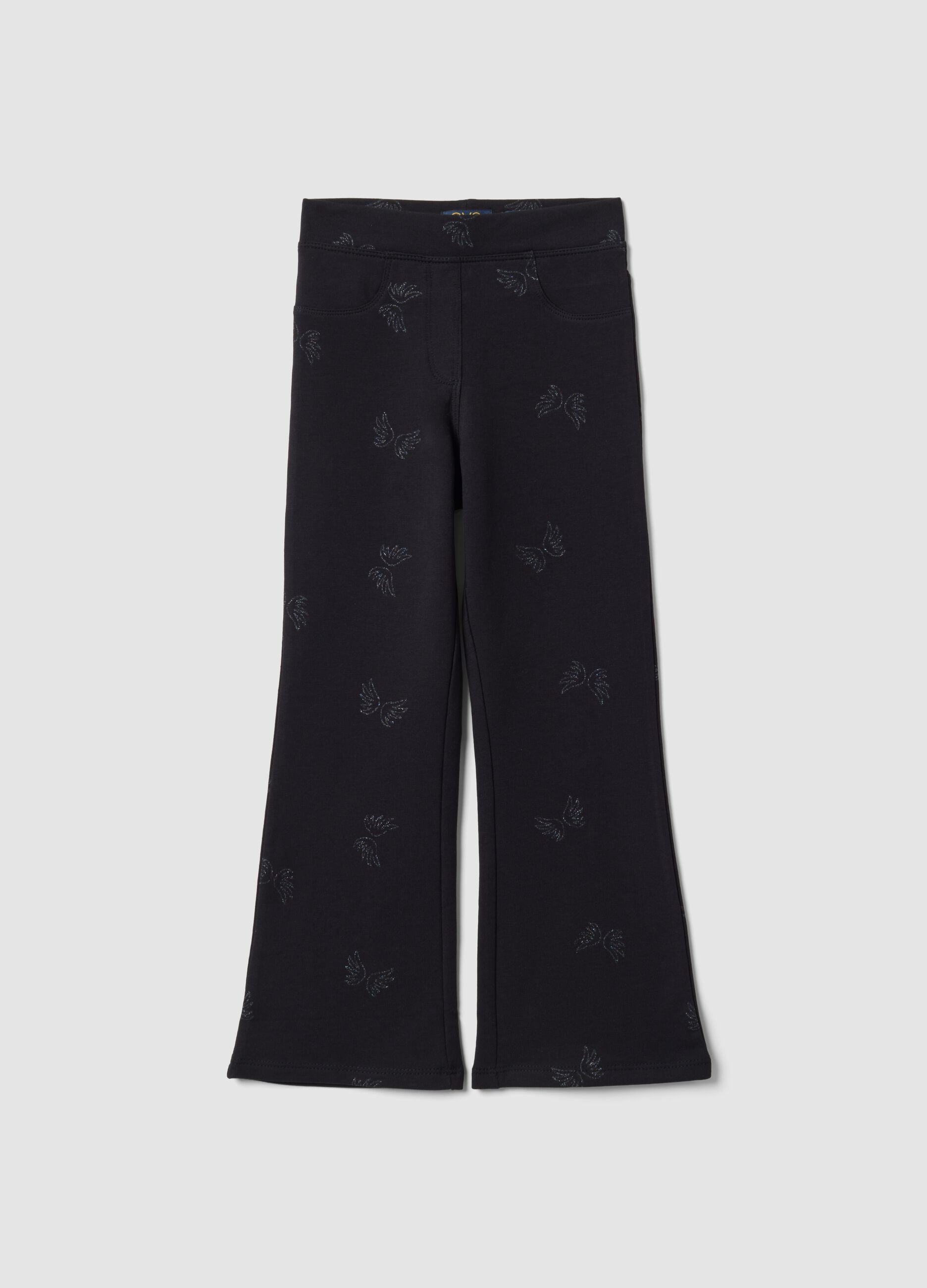 Black flared organic stretch-cotton treggings with glitter wing print