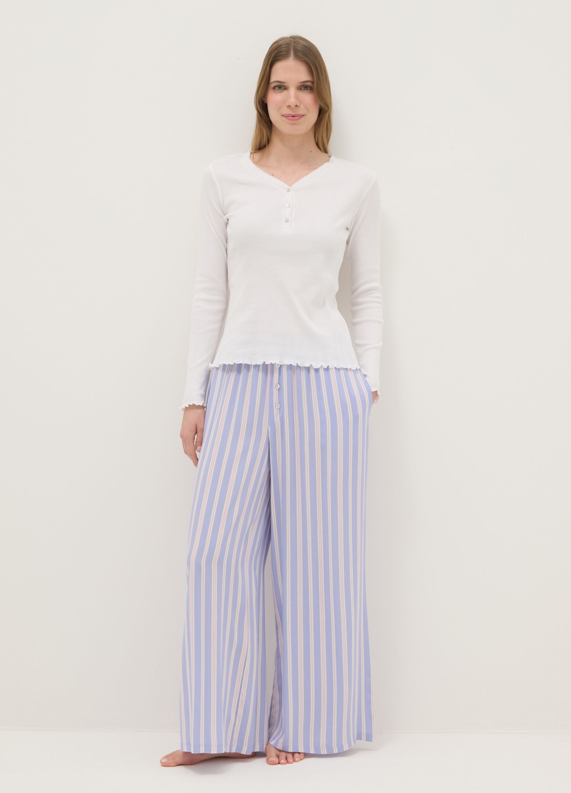 White pure cotton pyjama top, regular fit with henley collar
