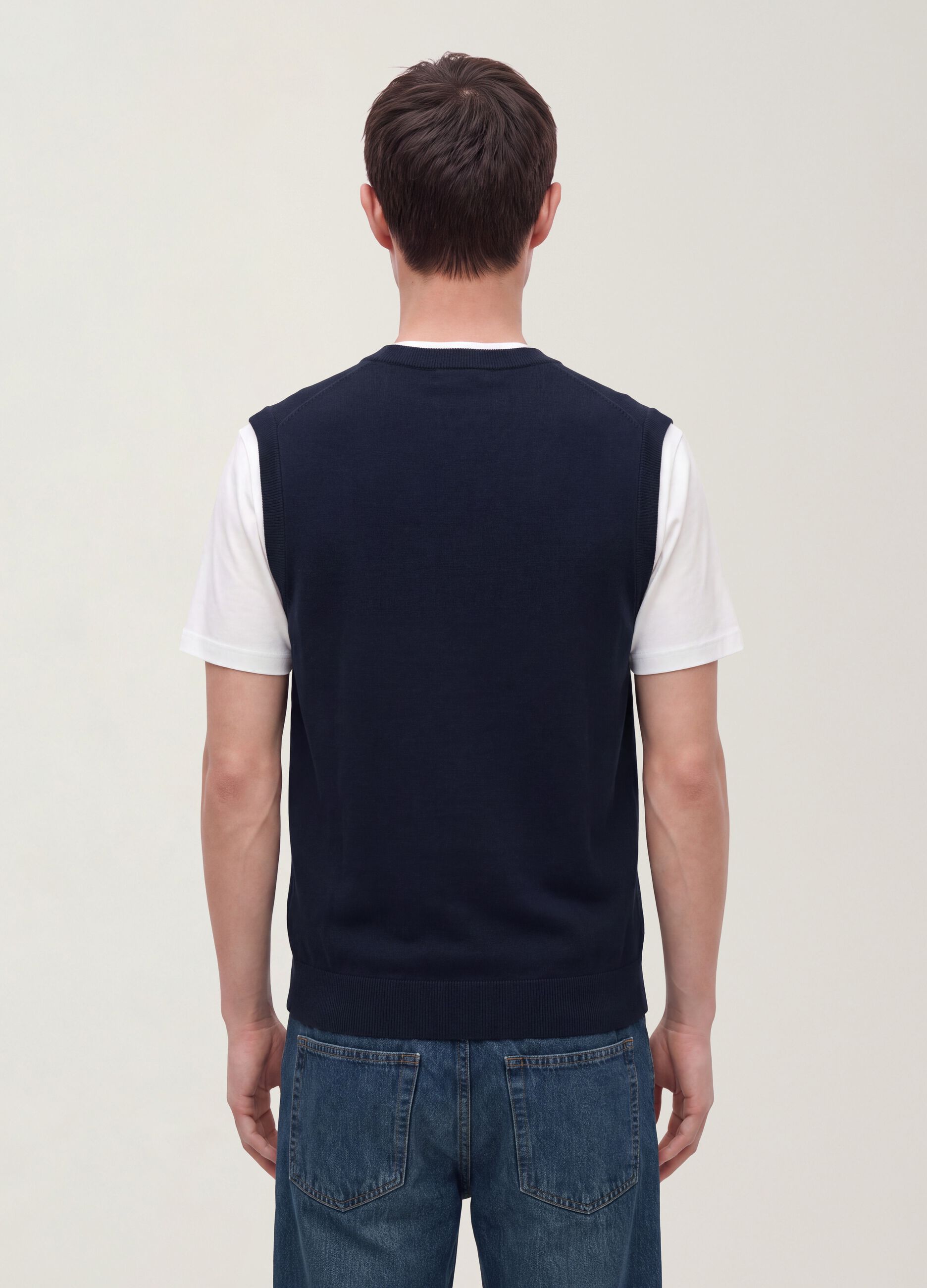 Blue viscose-blend waistcoat with deep V-neck, regular fit