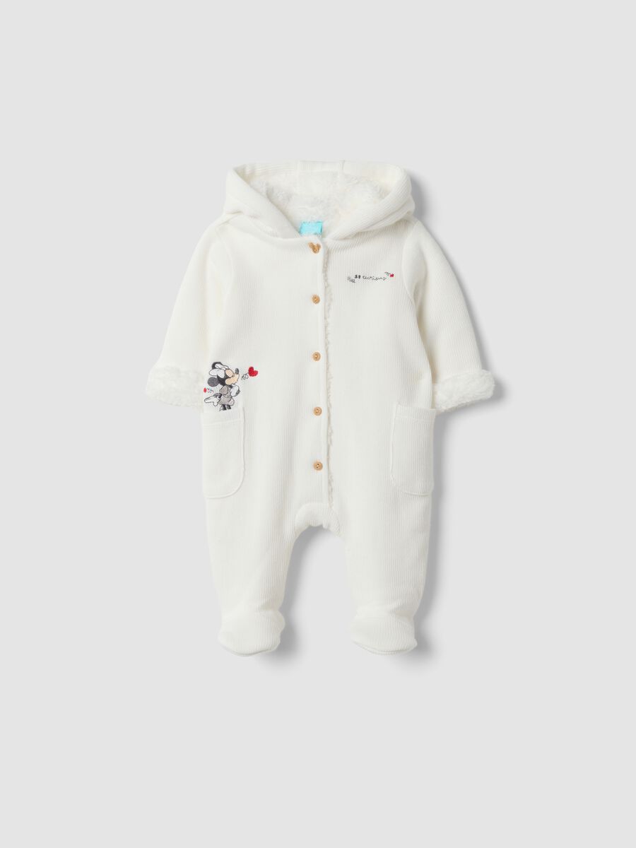 White hooded cotton-blend baby sleepsuit with Minnie print_0