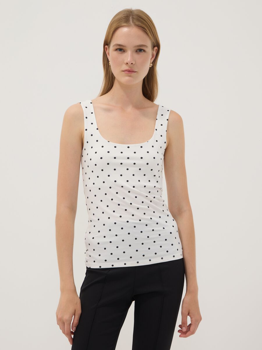 White fitted stretch cotton polka-dot top_0