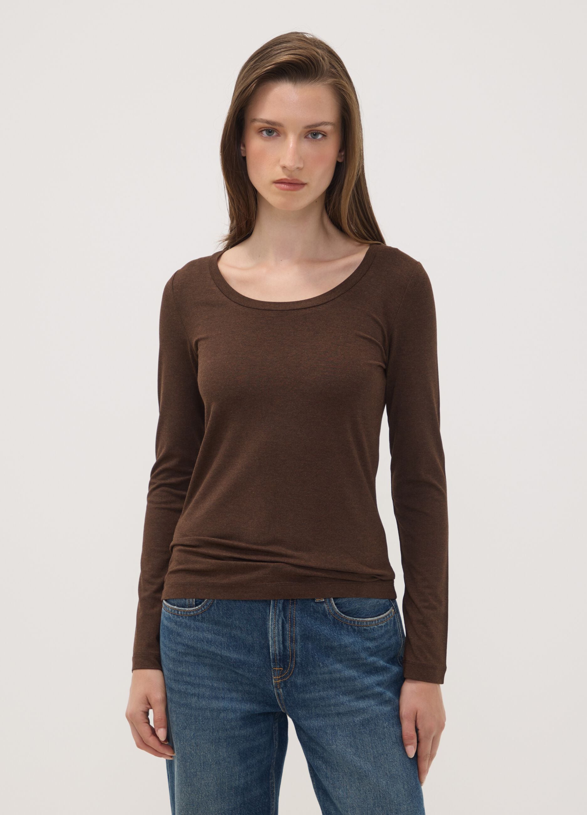 Brown stretch-viscose crew-neck slim-fit T-shirt