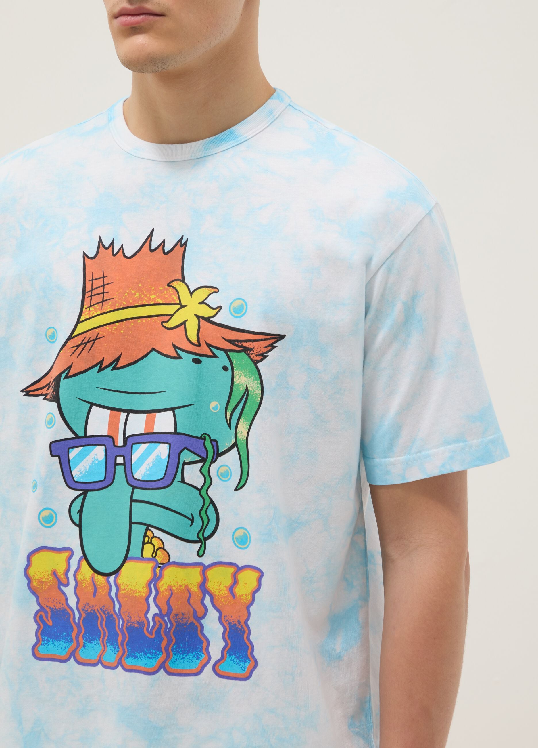 Regular fit sky blue pure cotton T-shirt with Squidward print
