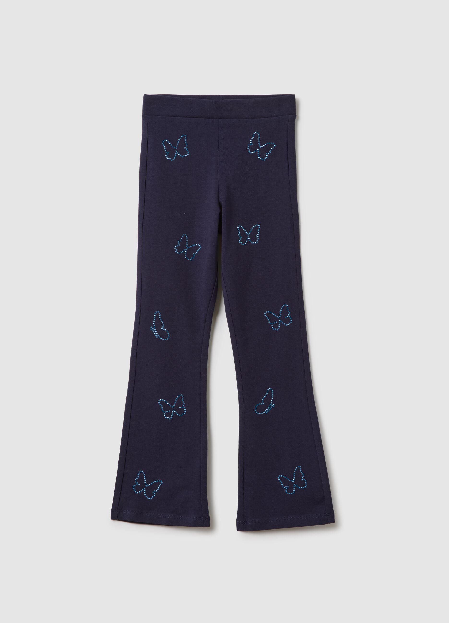 Girls' blue slim fit stretch cotton leggings with decorations
