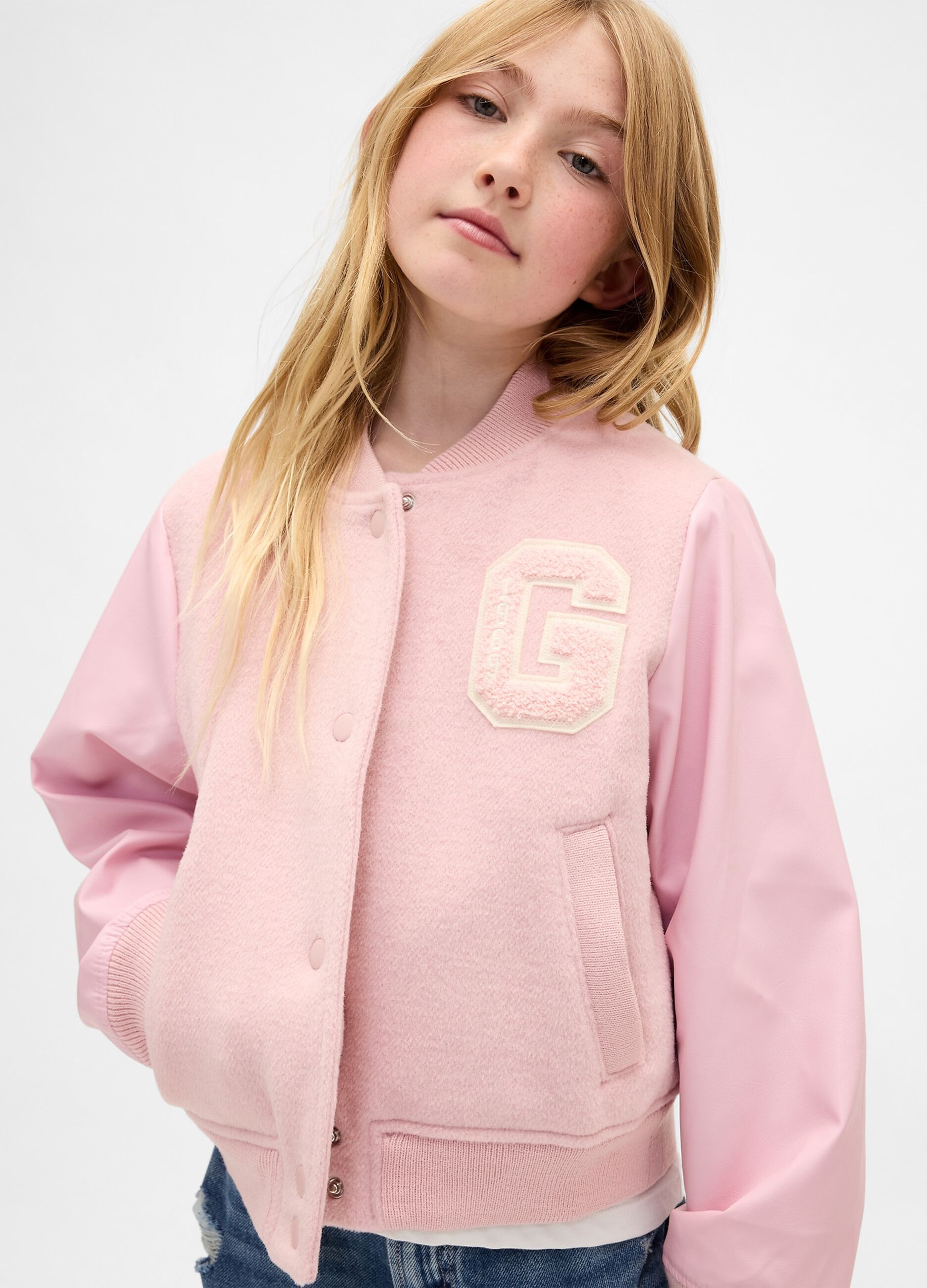 Pink bomber jacket in wool blend and synthetic fibres