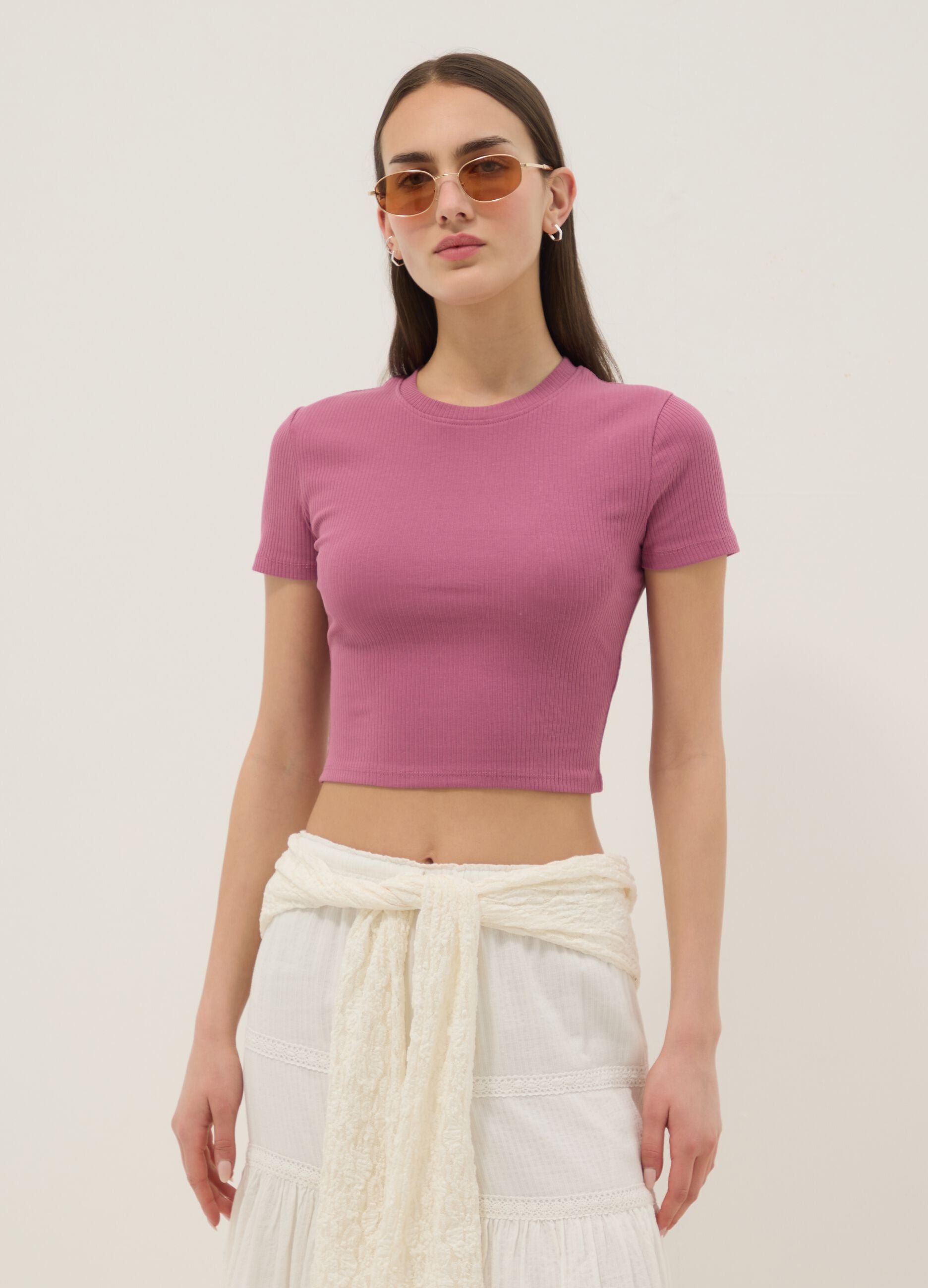 Pink ribbed fitted stretch cotton T-shirt