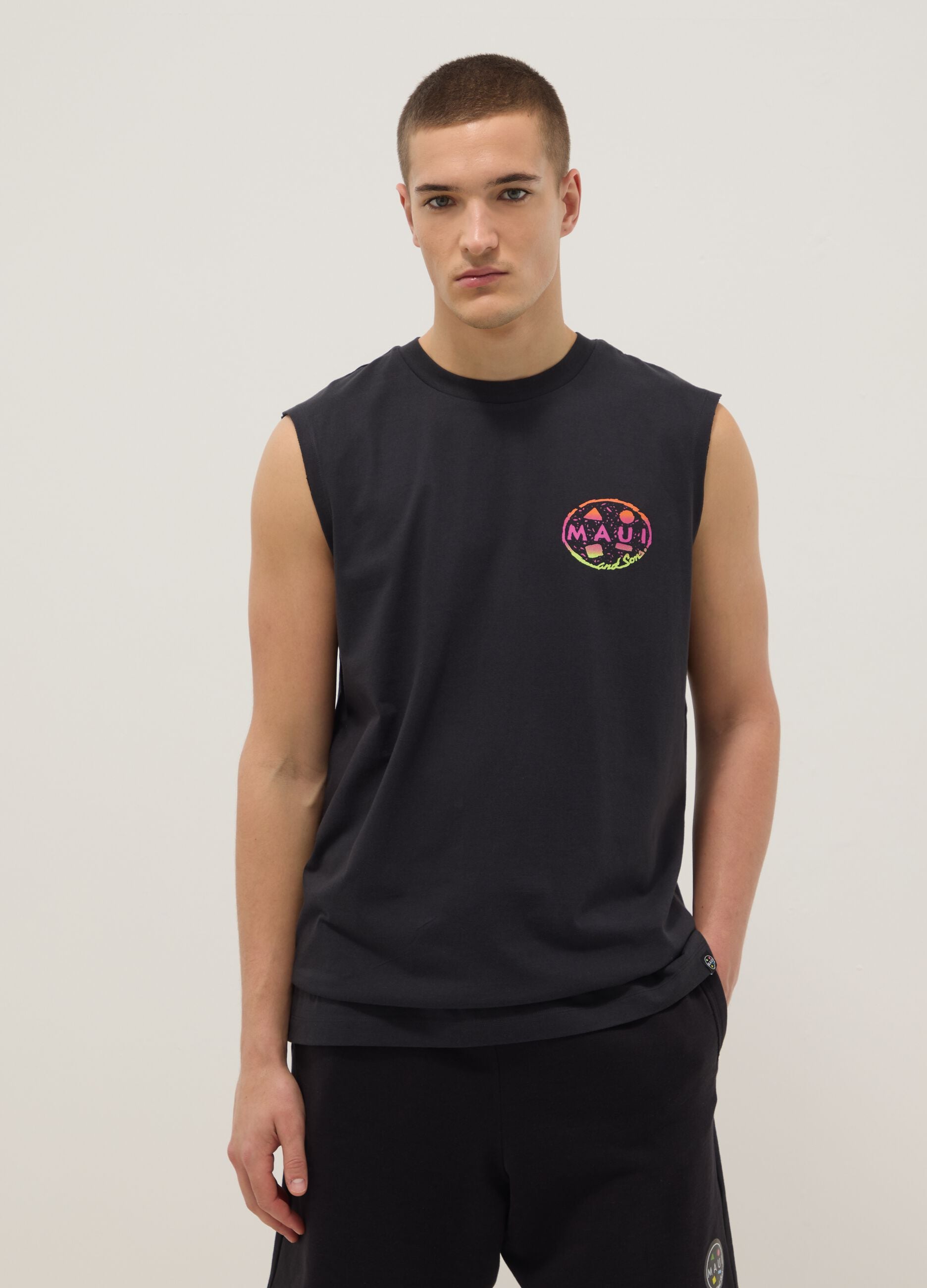 Black pure cotton regular-fit vest top with print