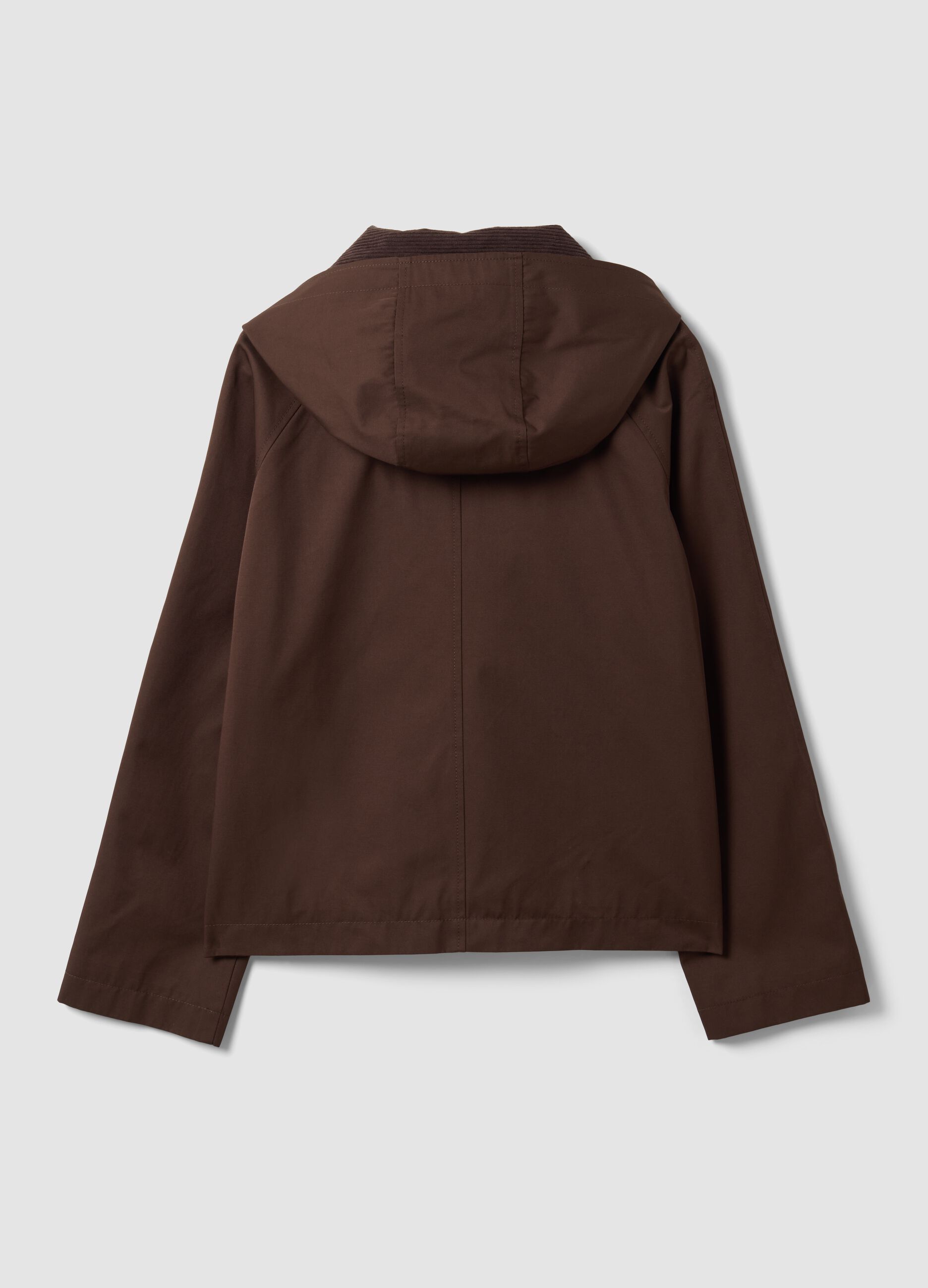 Brown cotton-blend parka jacket with hood and ribbed collar