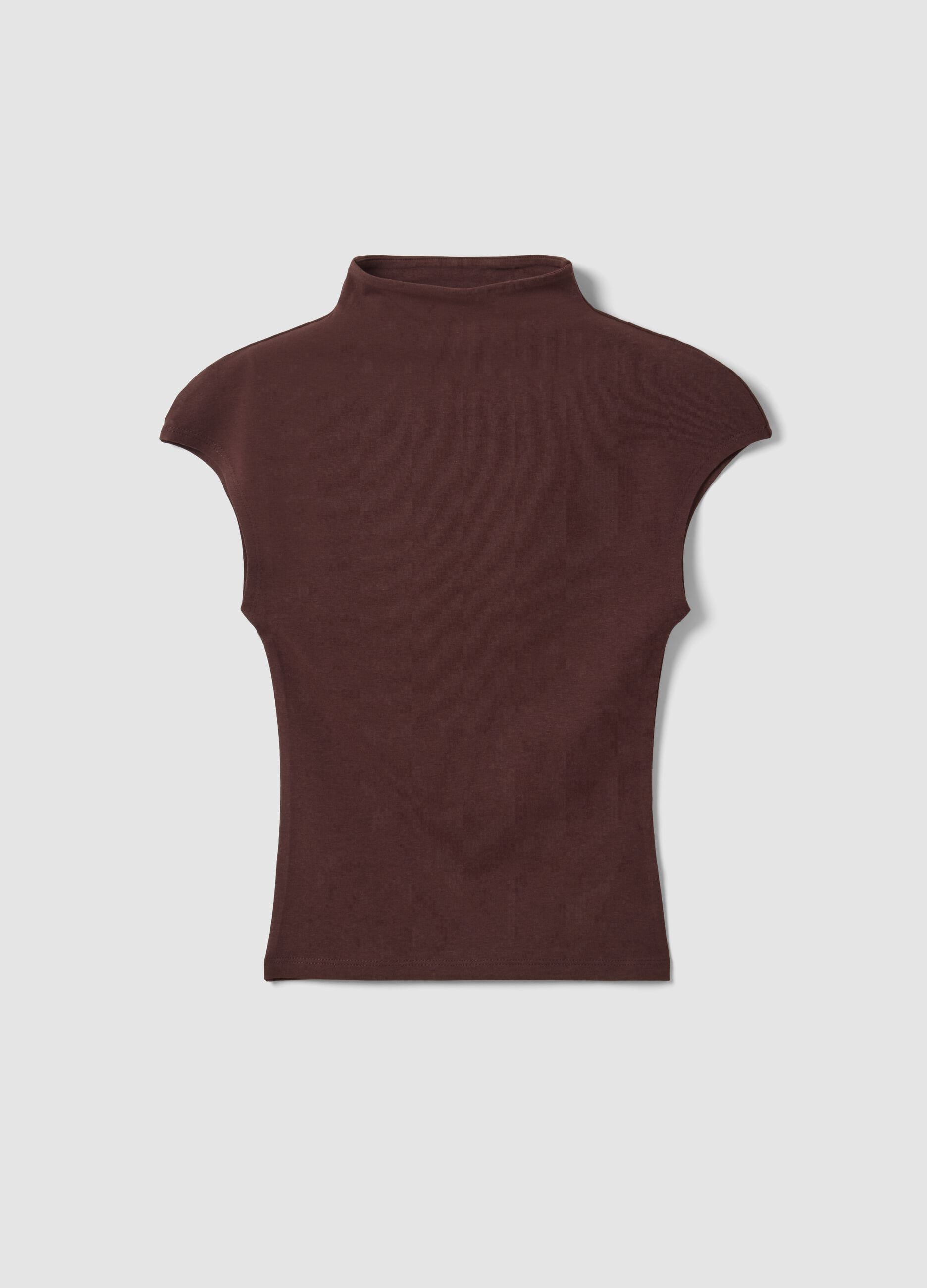 Brown fitted modal and stretch cotton T-shirt with mock neck