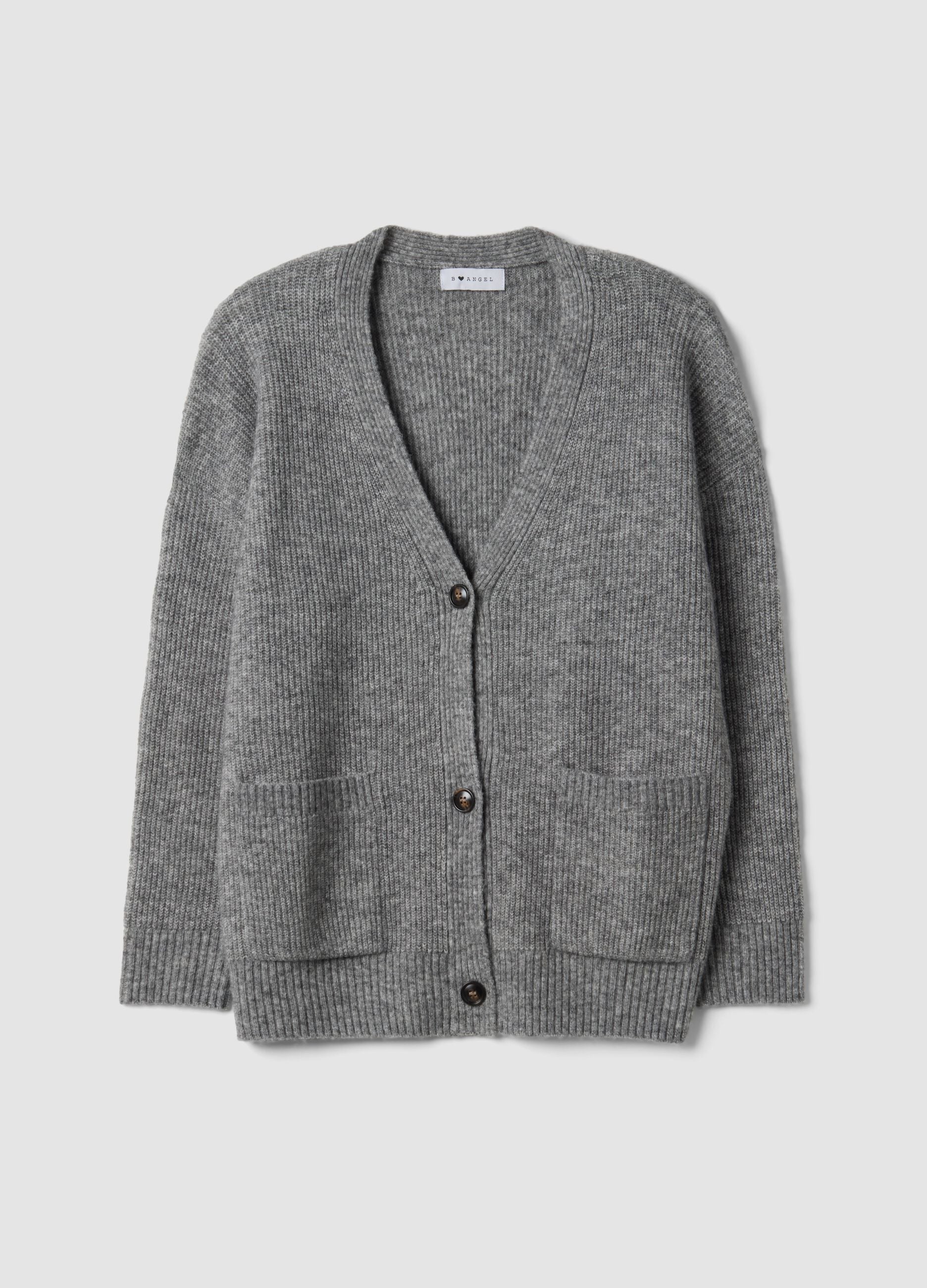 Grey stretch-fabric cardigan with deep V-neck