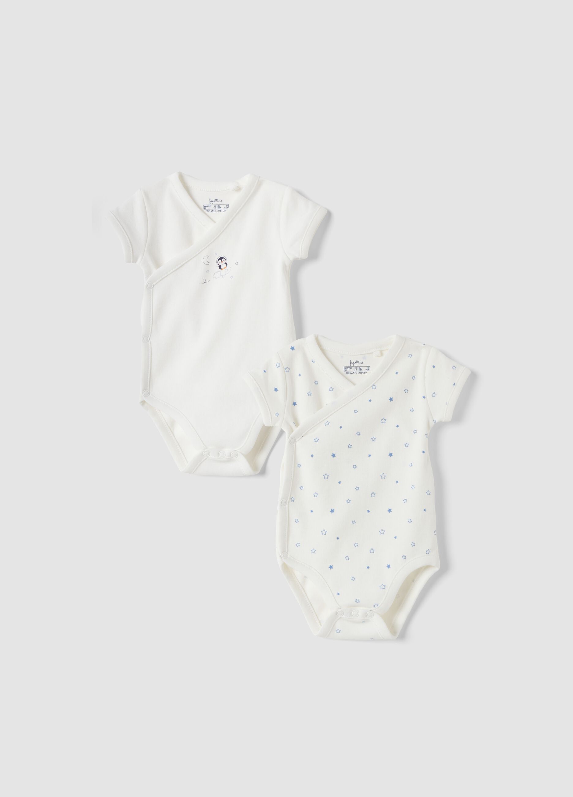2-pack white organic cotton crew-neck bodysuits with print