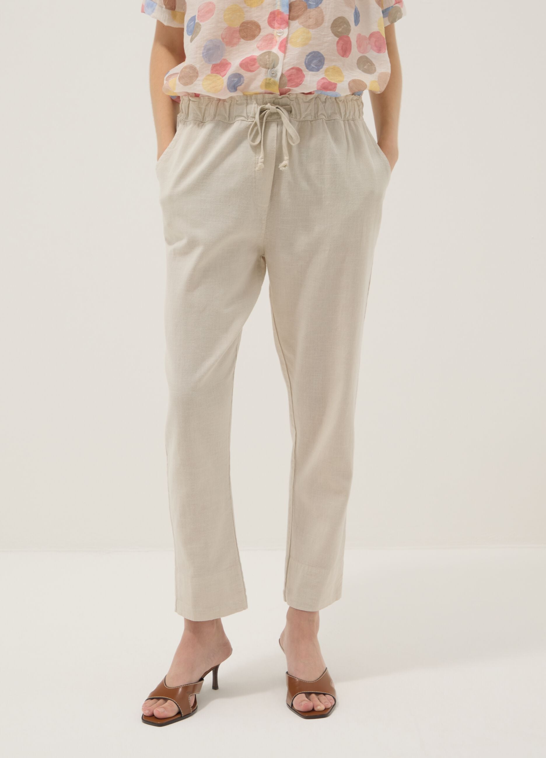 Beige linen-cotton blend trousers