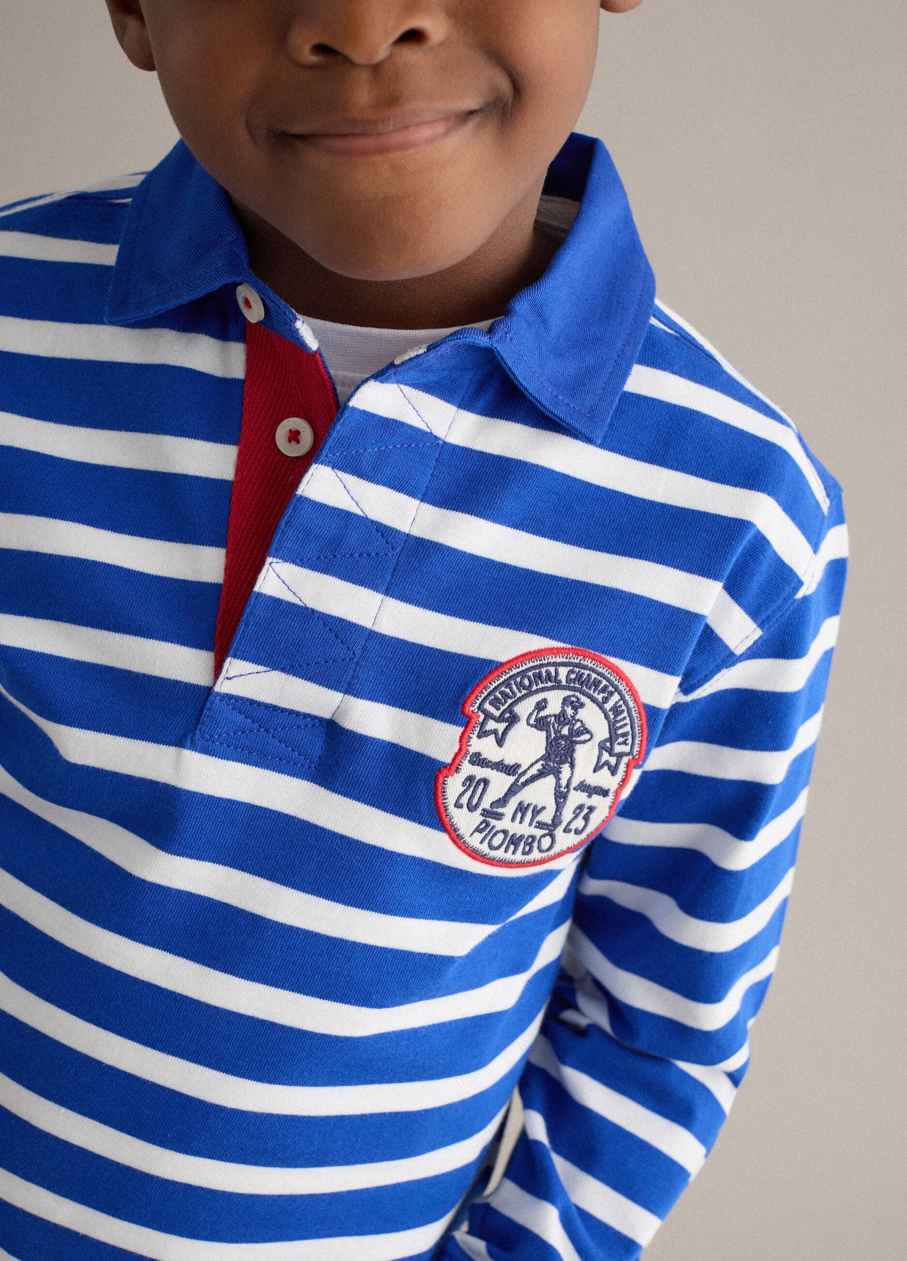 Boys' regular fit multicolour striped pure cotton polo with patches