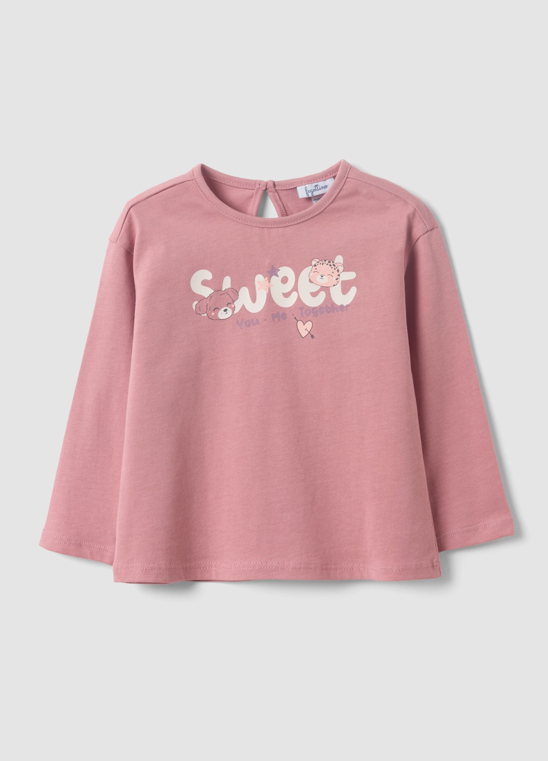 Pink organic cotton long-sleeve printed T-shirt for baby girls