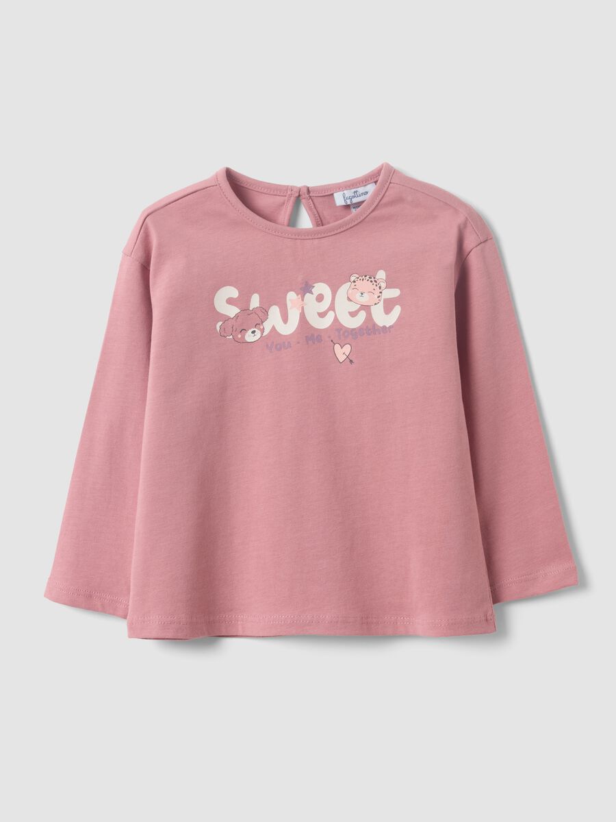 Pink organic cotton long-sleeve printed T-shirt for baby girls_0
