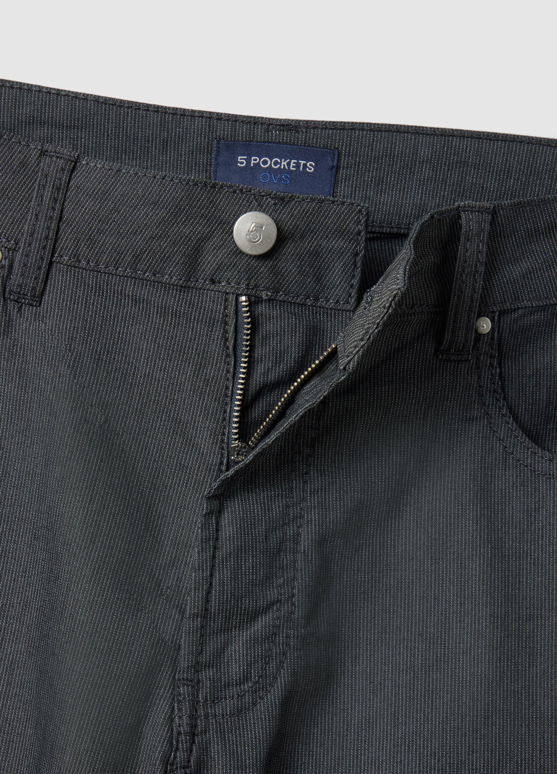 Black stretch cotton regular fit trousers with five pockets