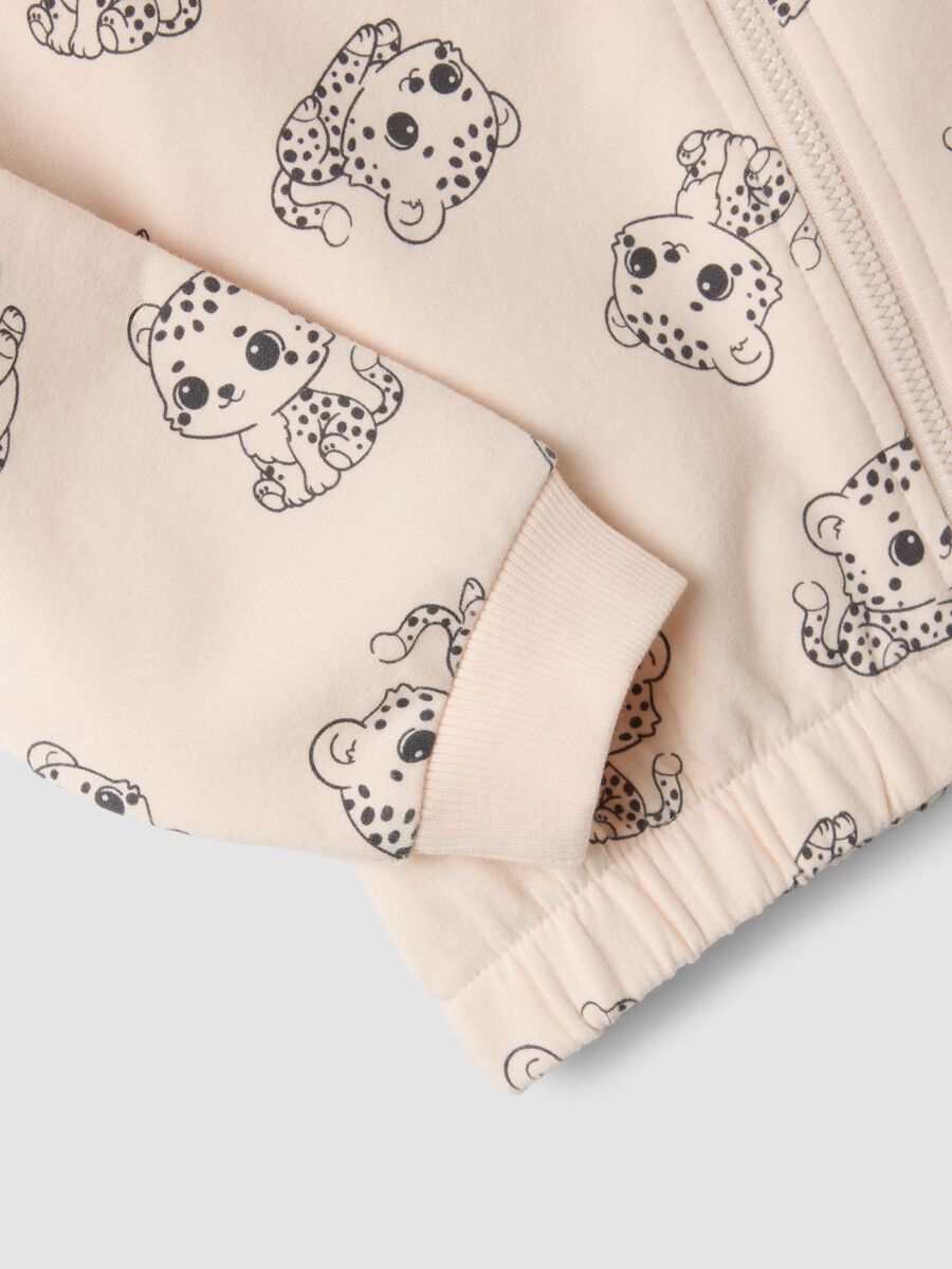 Felpa rosa con cappuccio in cotone elasticizzato con zip e stampa all over per bimba_3