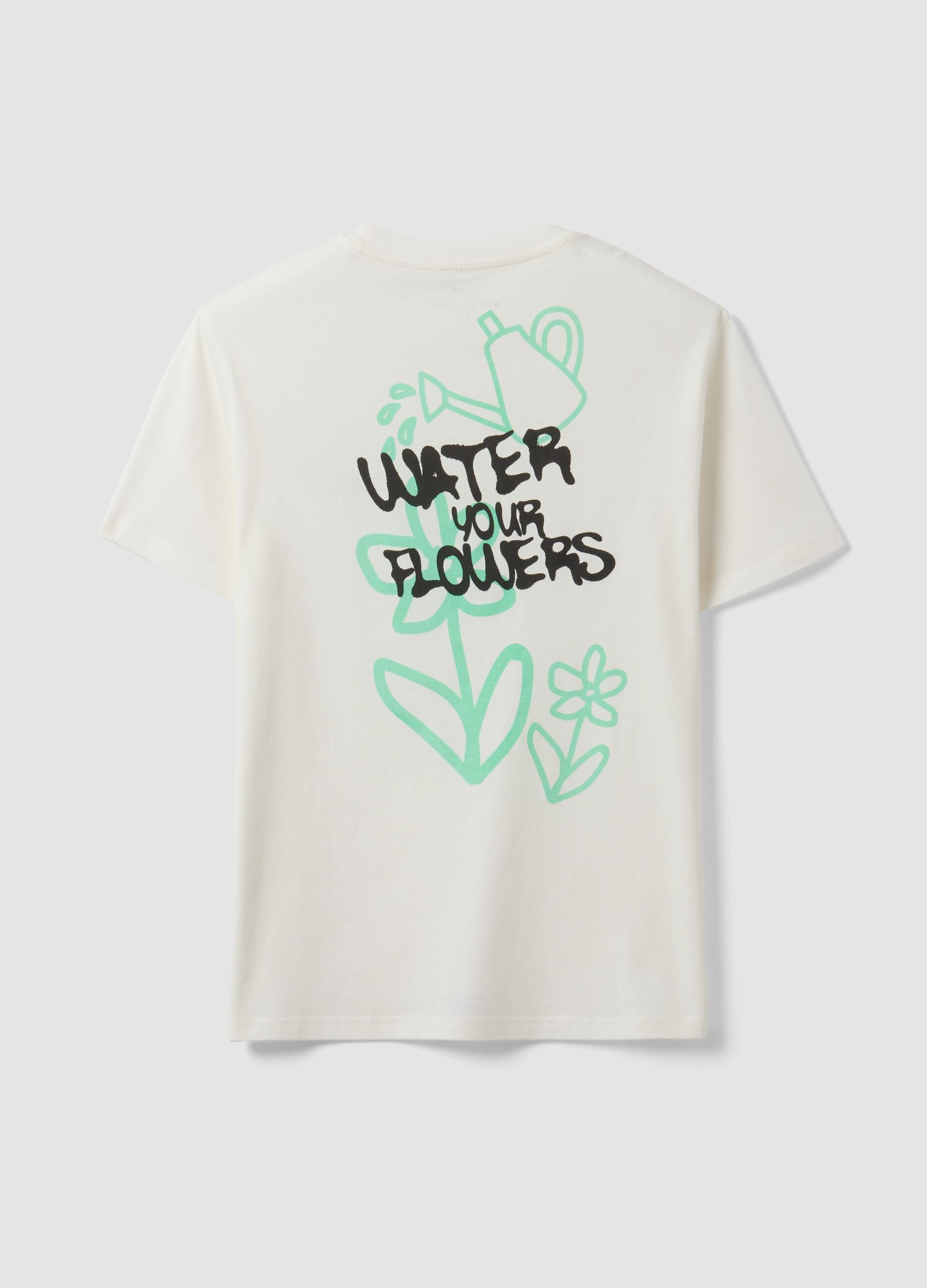 White pure cotton jersey T-shirt with "Water your Flowers" print, regular fit