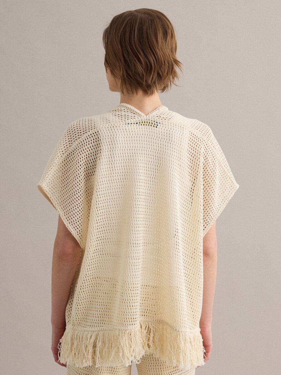 Cardigan bianco in crochet di misto viscosa con frange regular fit_3