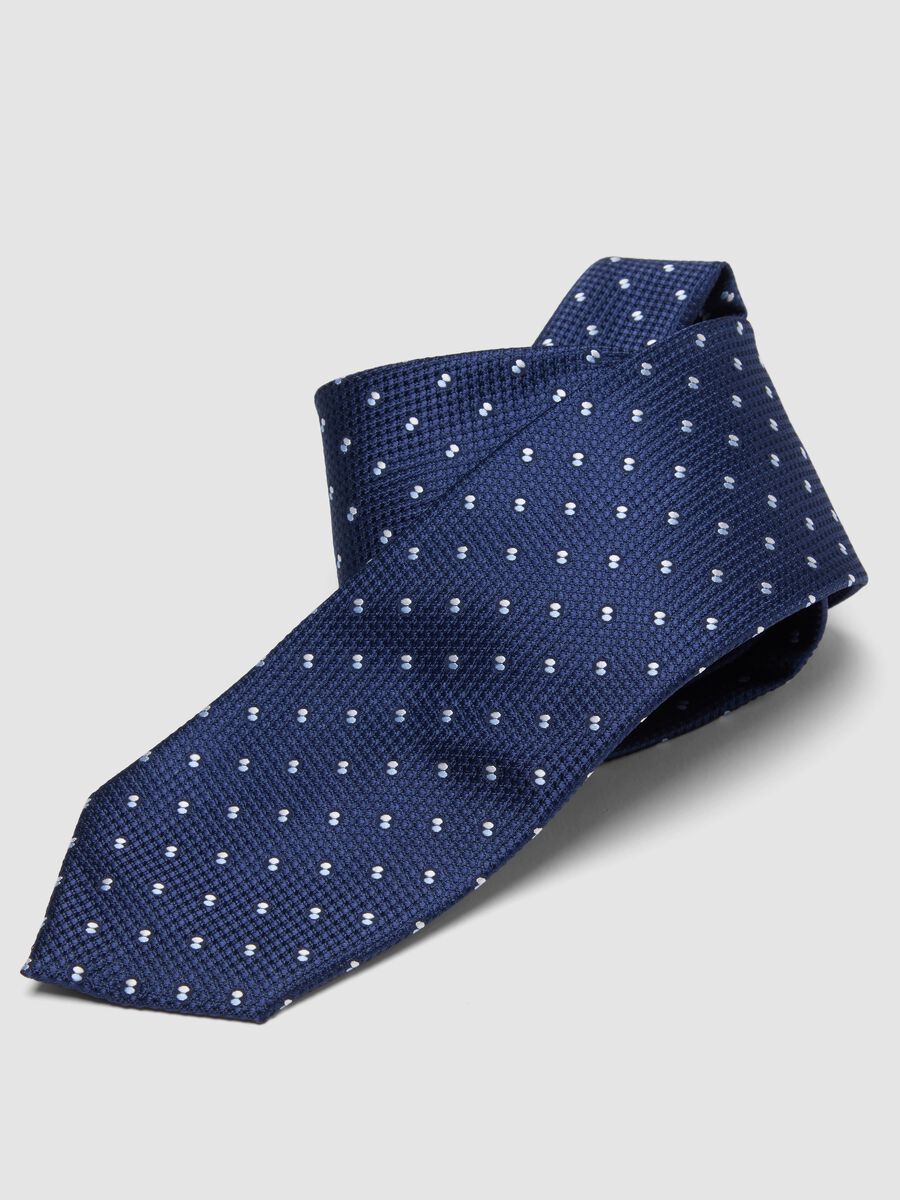 Cravatta blu pala 7,5 cm con motivo a pois_2