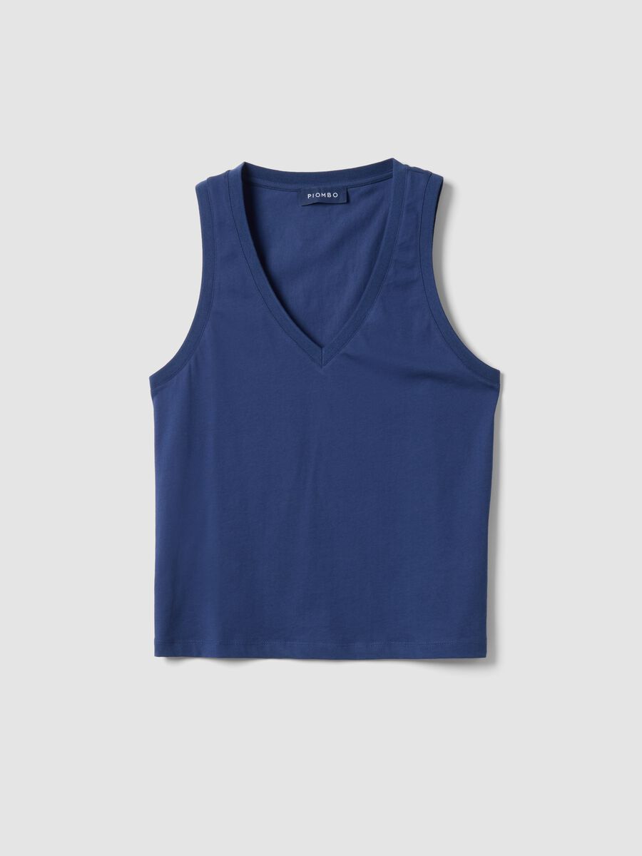 Tank top in misto cotone blu regular fit con scollo a V_4