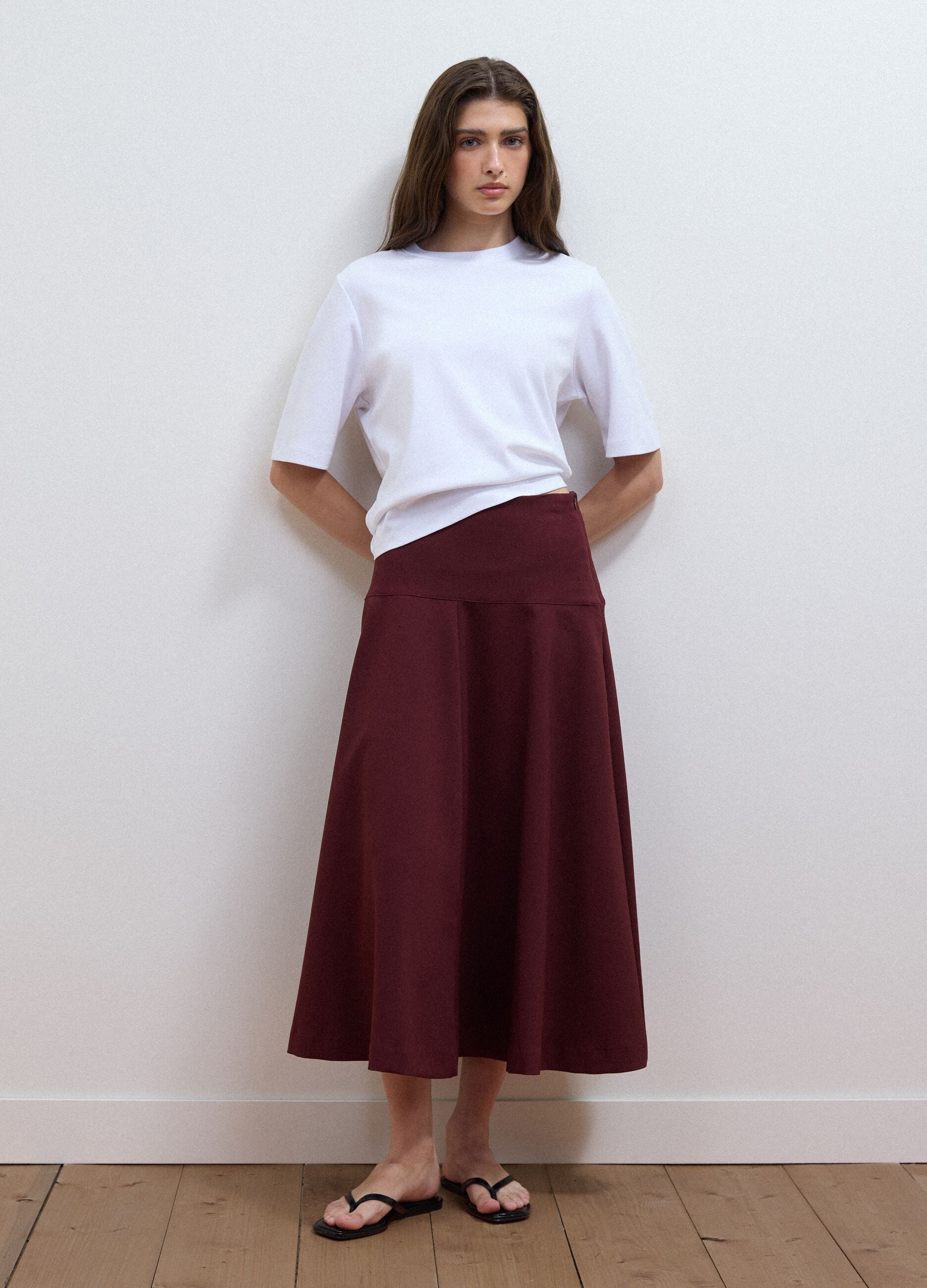Purple stretch viscose skirt with high waistband and regular waist