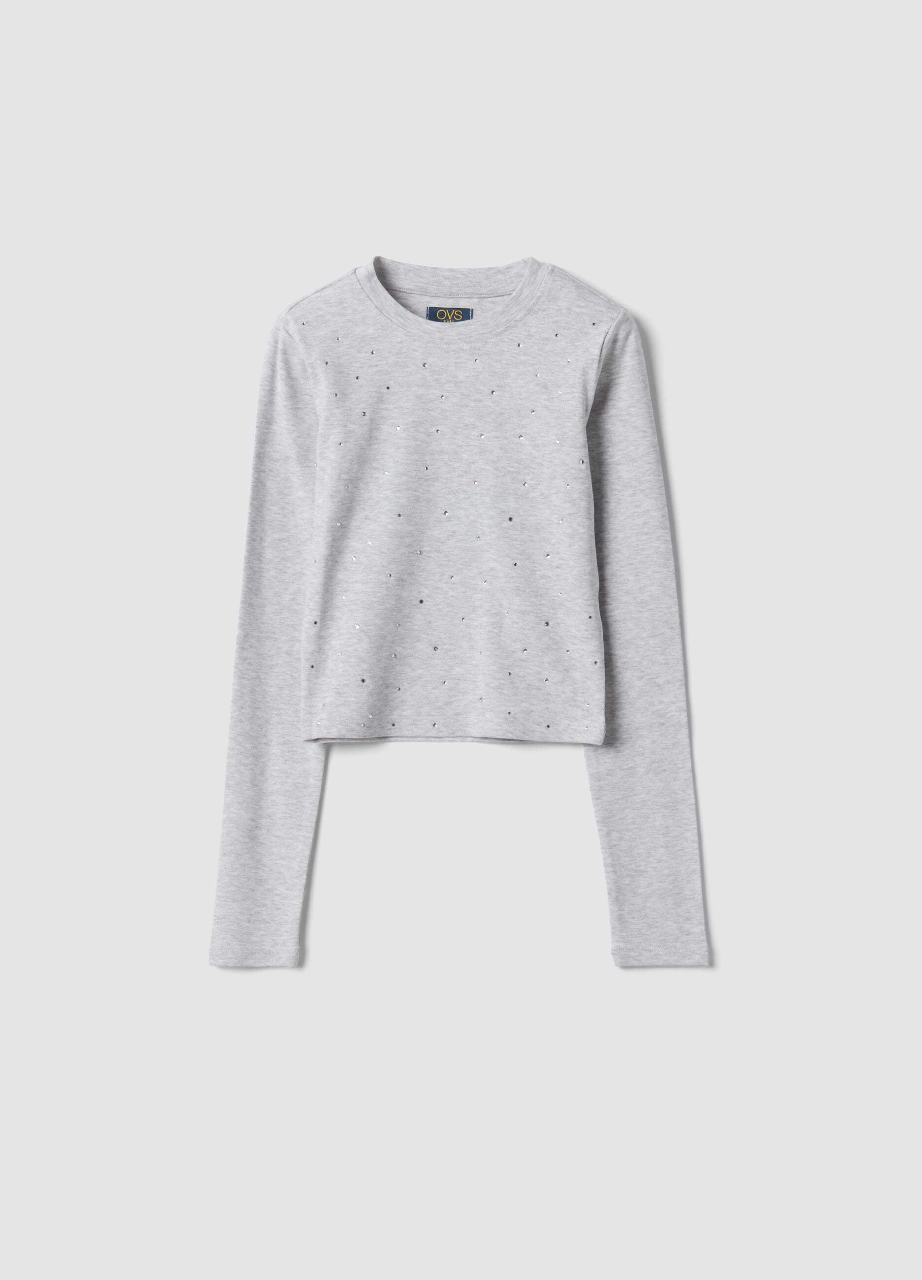 Grey organic cotton and stretch viscose T-shirt with rhinestones
