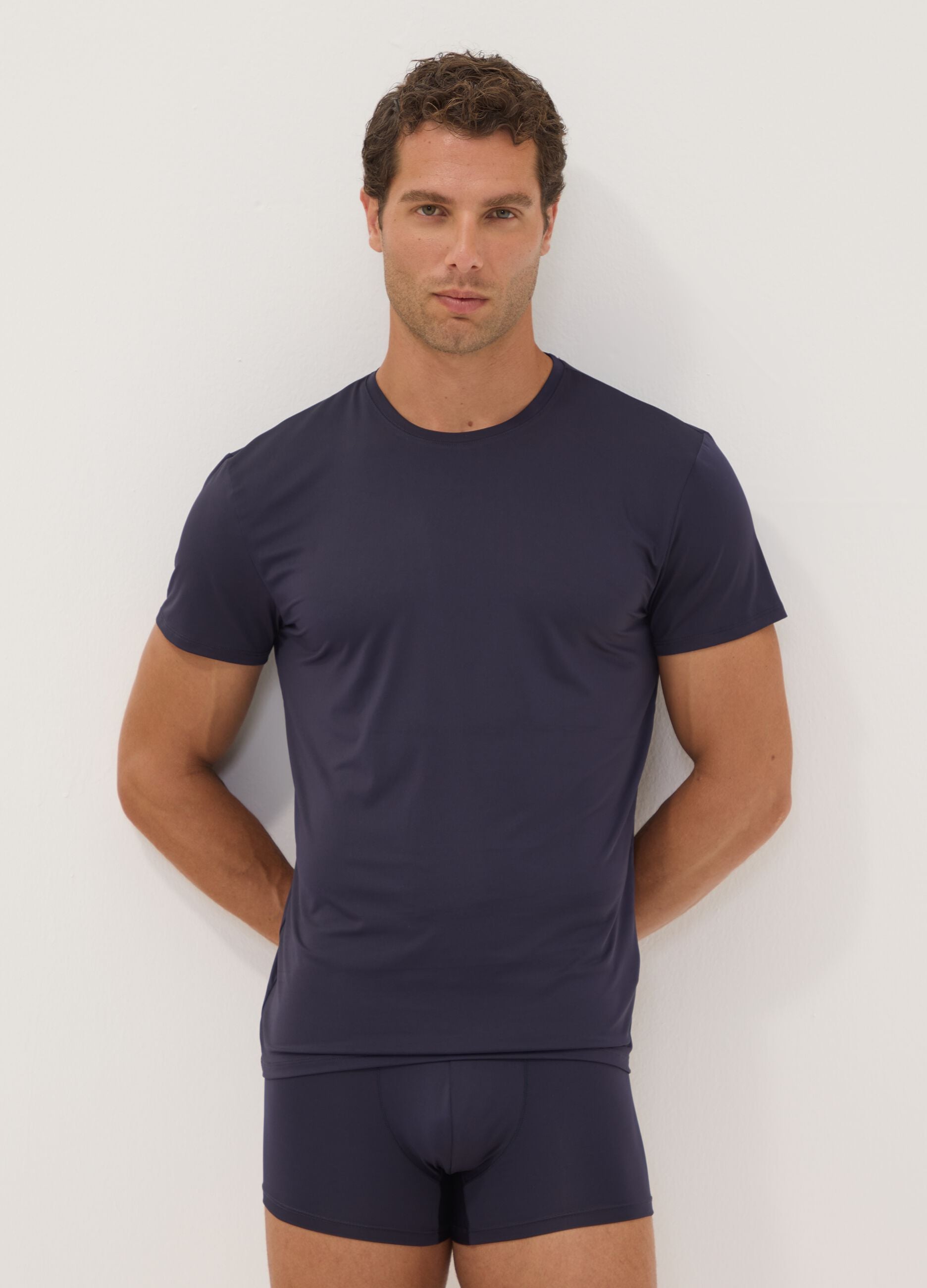 Twin pack of blue stretch microfibre T-shirts, regular fit