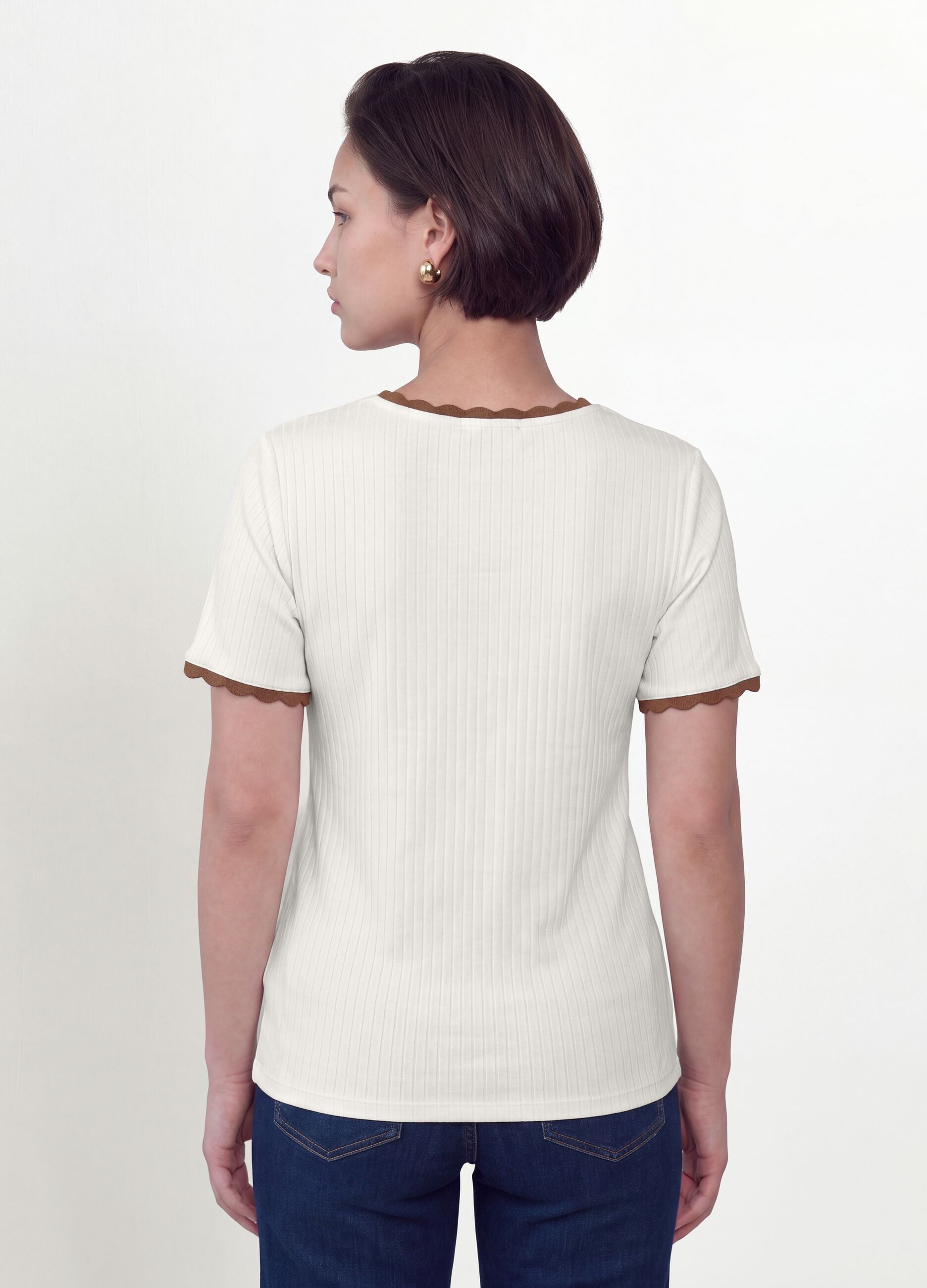 White stretch viscose crew-neck T-shirt with contrast trims
