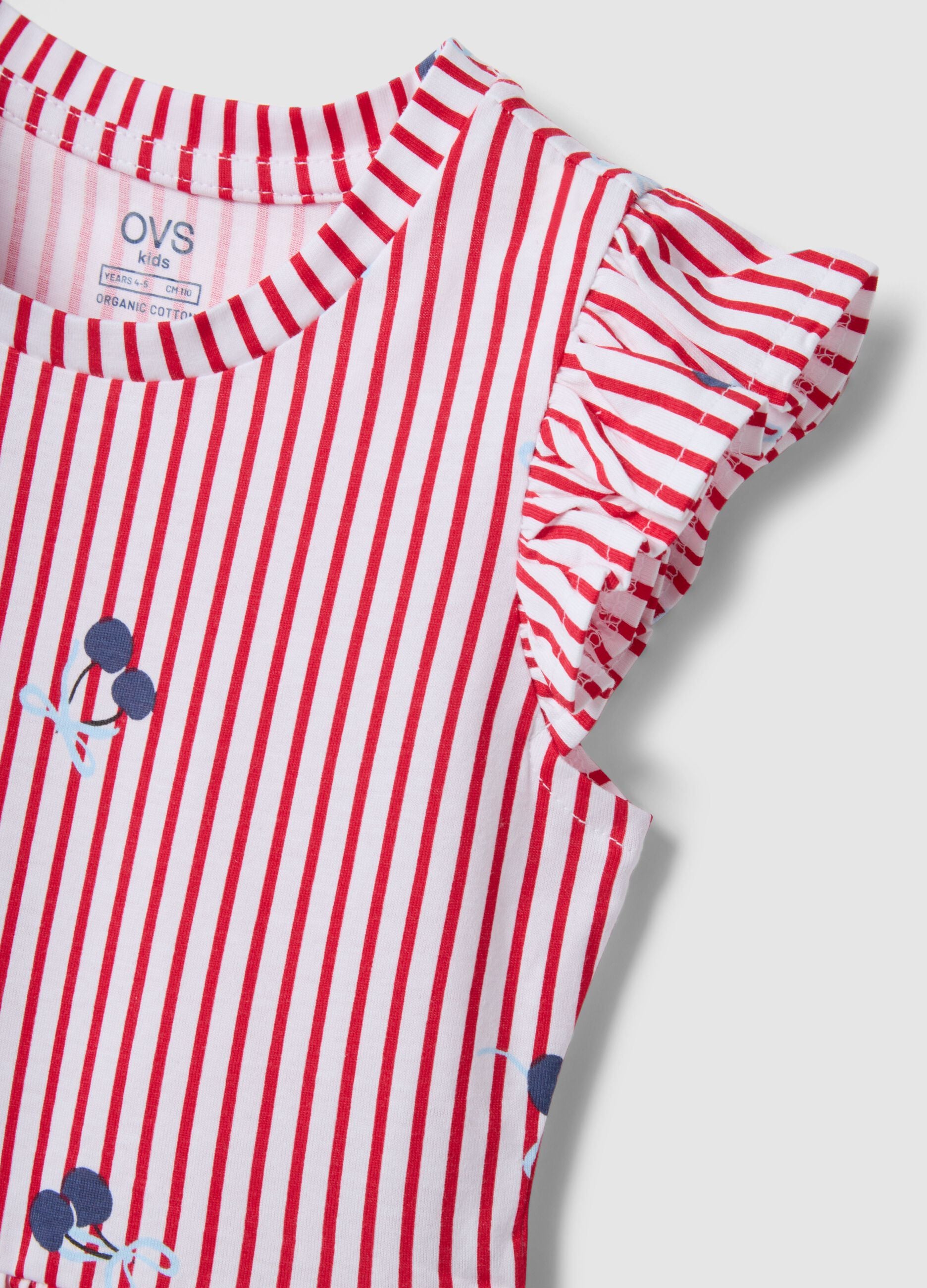 Red striped pure cotton dress with ruffles and prints for girls