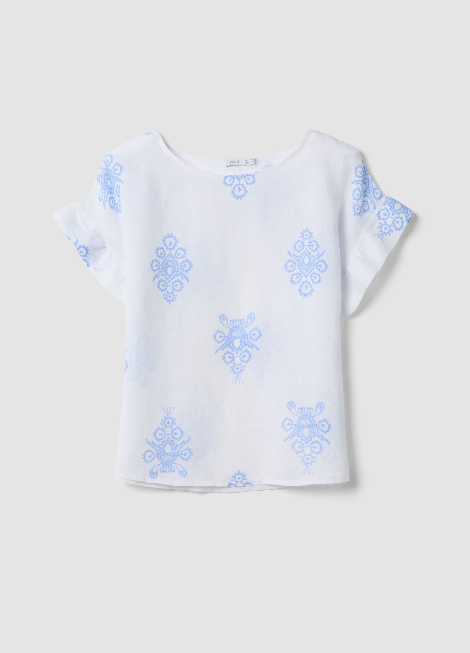 White pure linen blouse with embroidery and ruffle sleeves, regular fit