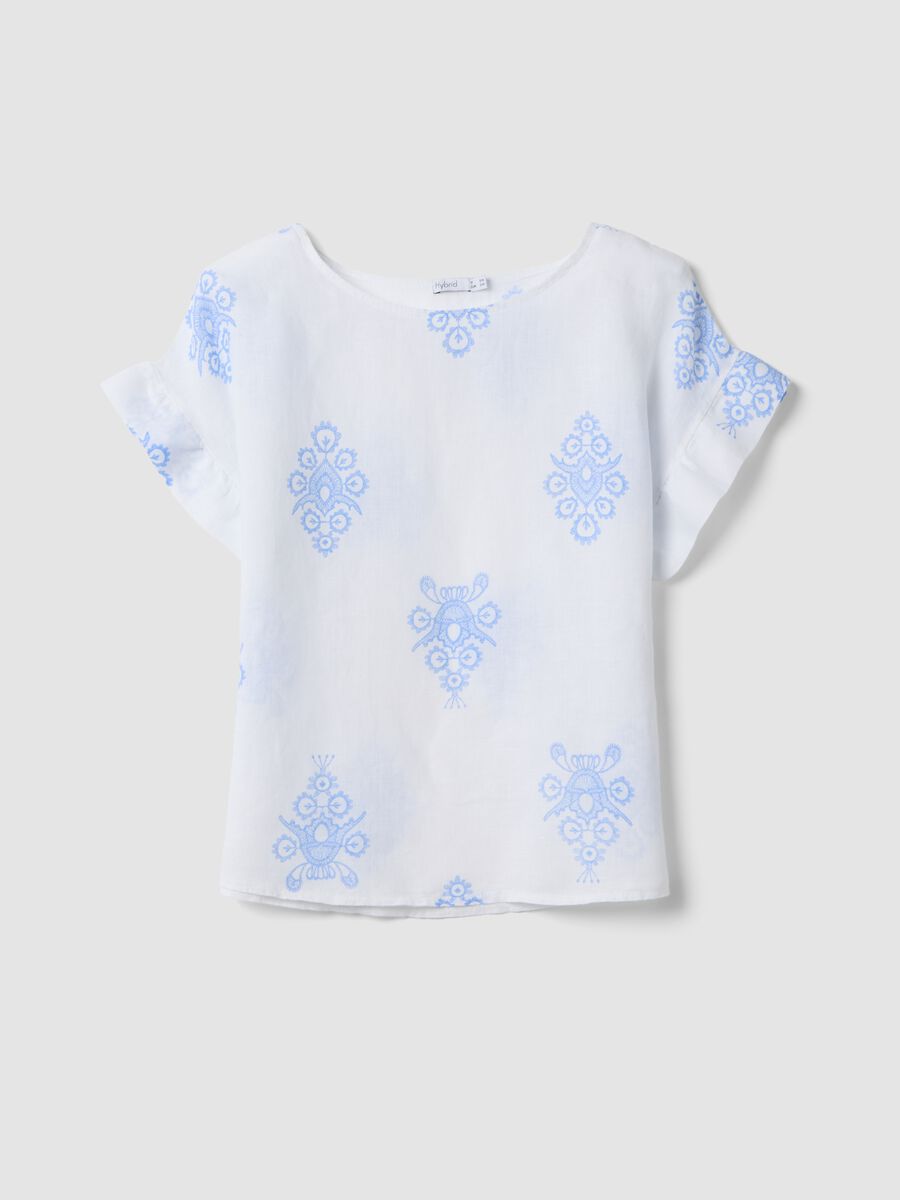 White pure linen blouse with embroidery and ruffle sleeves, regular fit_4
