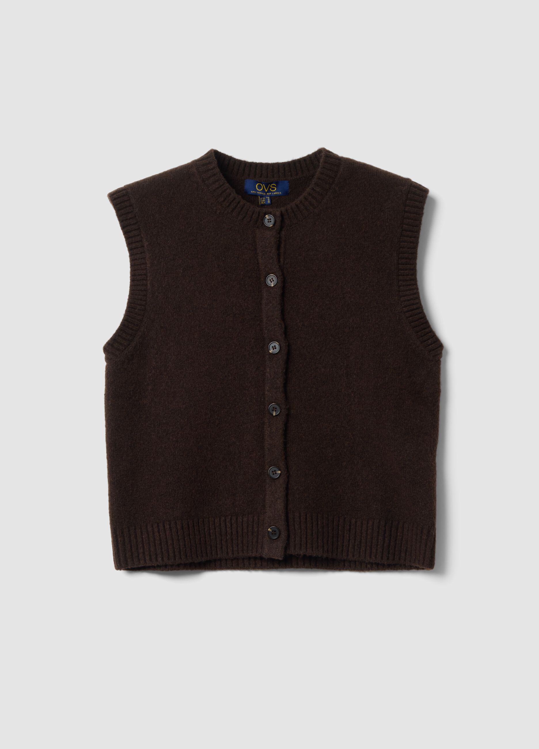 Brown stretch wool crew-neck gilet