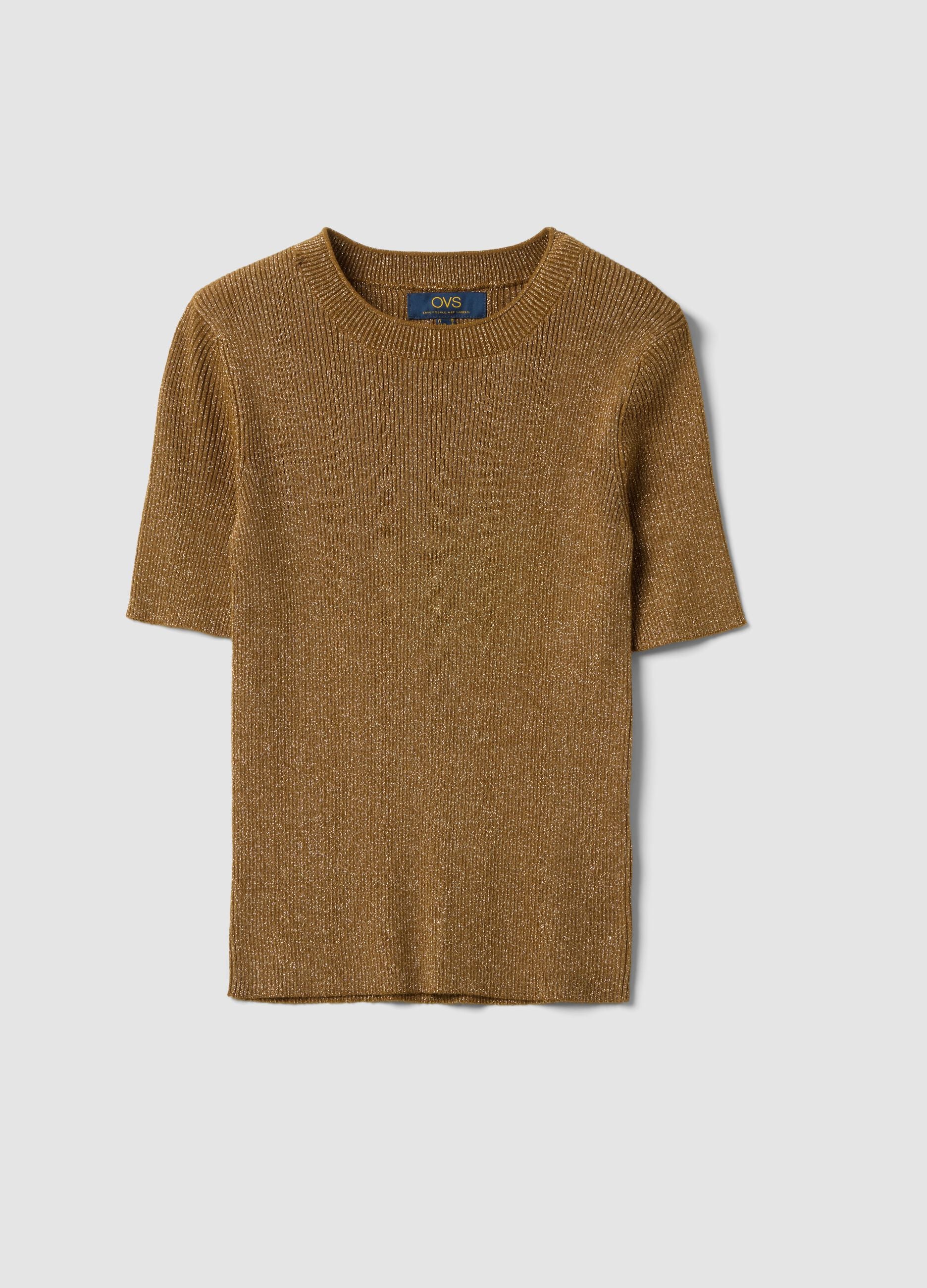 Brown fitted rib-knit viscose blend top